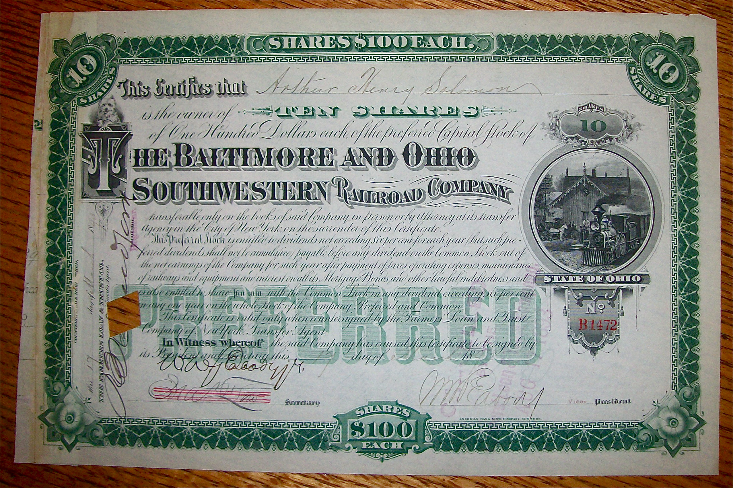 1893 Baltimore & Ohio Southwestern Railroad 10 Stock