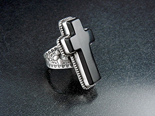 David Troutman Sterling Silver Onyx Cross Ring
