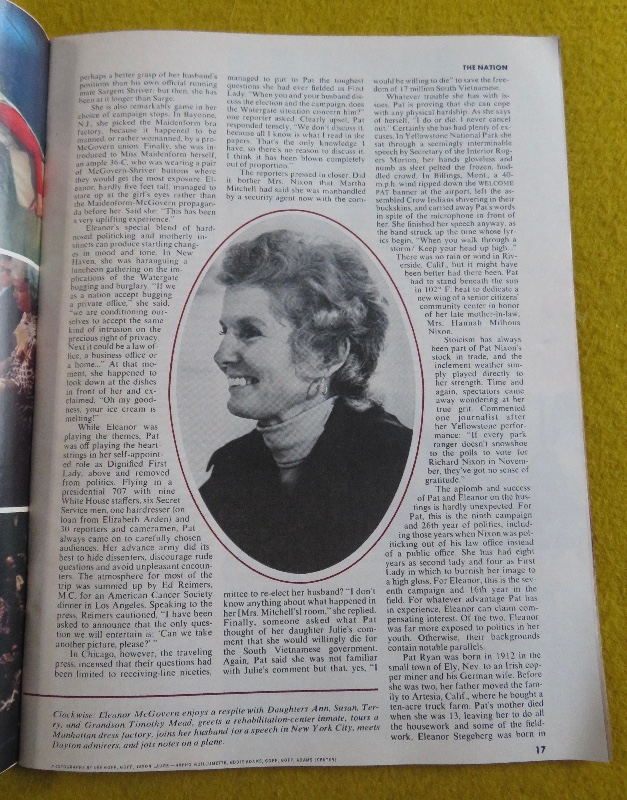 Time Magazine October 9, 1972 The Other Campaigners: Pat Nixon and Eleanor McGovern