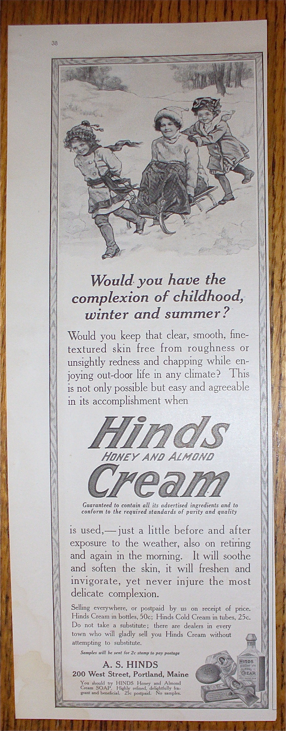 1915 Hinds Honey & Almond Cream with Woman On Sled