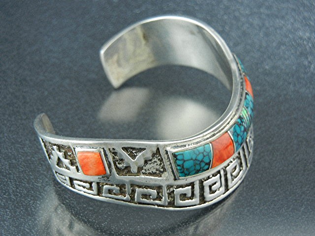 Navajo Calvin Begay Sterling Silver Coral Turquoise Inl