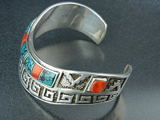 Navajo Calvin Begay Sterling Silver Coral Turquoise Inl