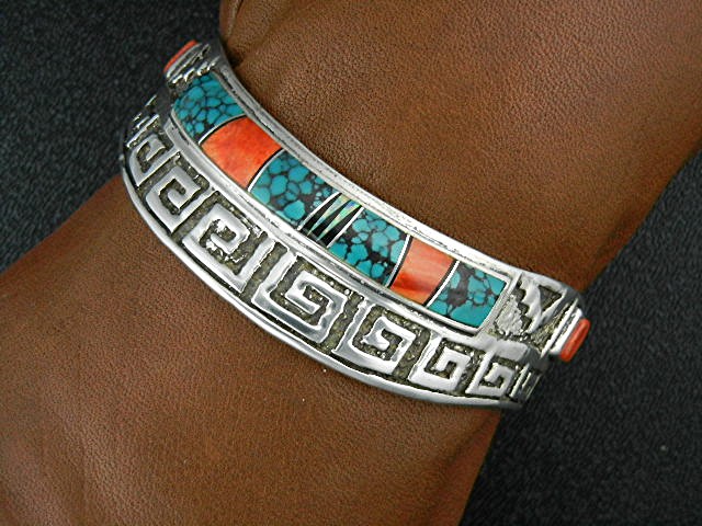 Navajo Calvin Begay Sterling Silver Coral Turquoise Inl