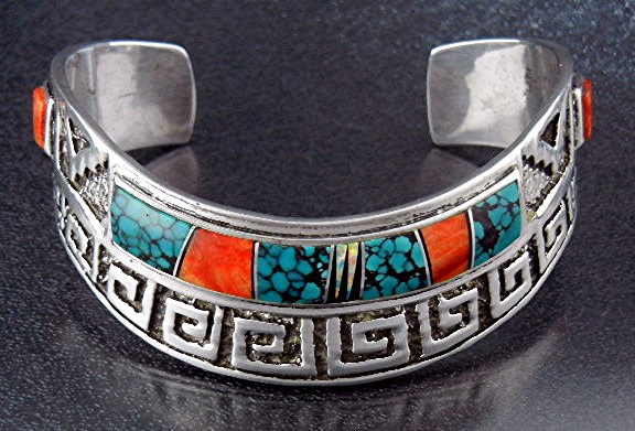 Navajo Calvin Begay Sterling Silver Coral Turquoise Inl