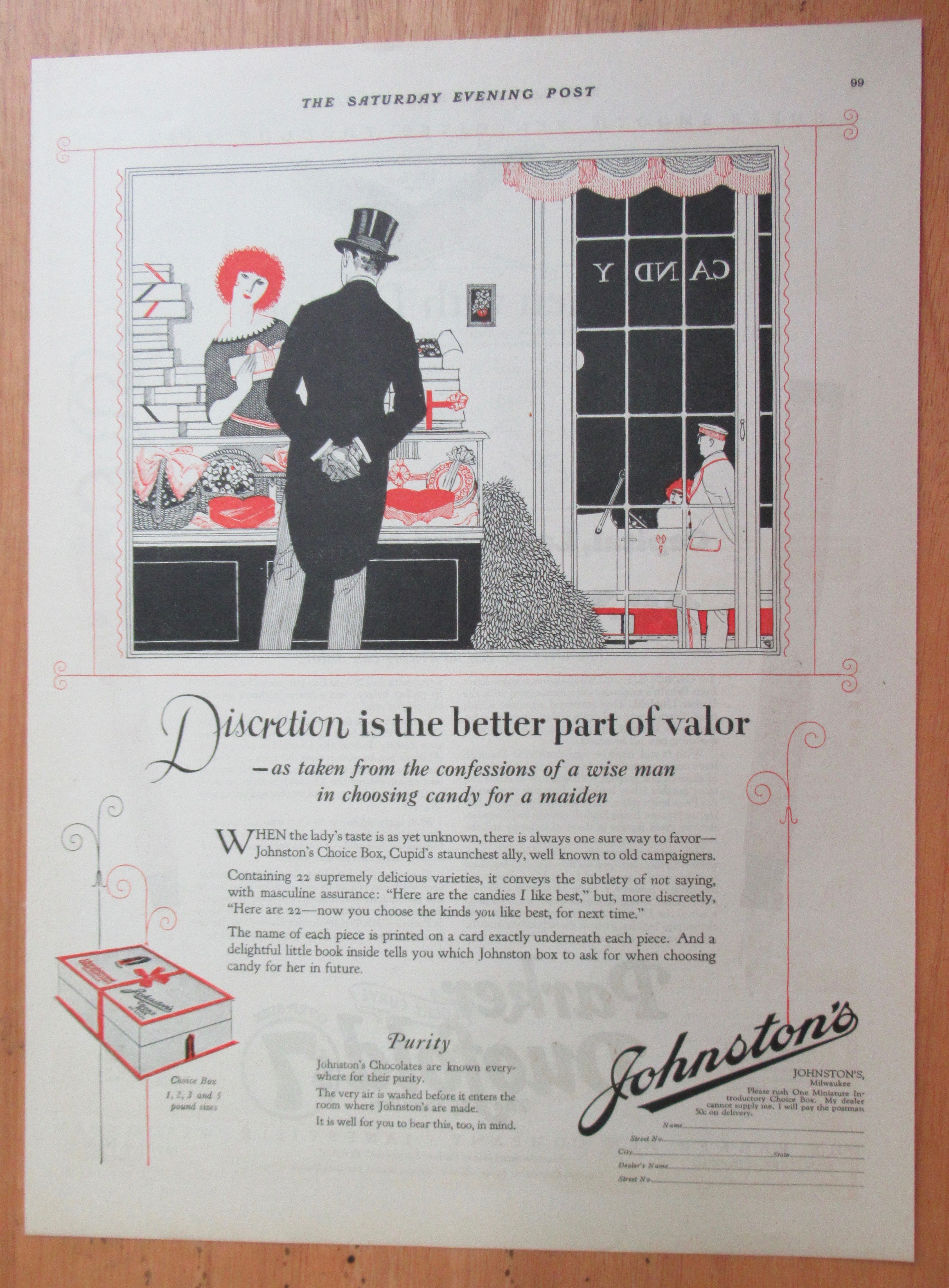 1923 Johnston's Chocolates with Man Buying Candy