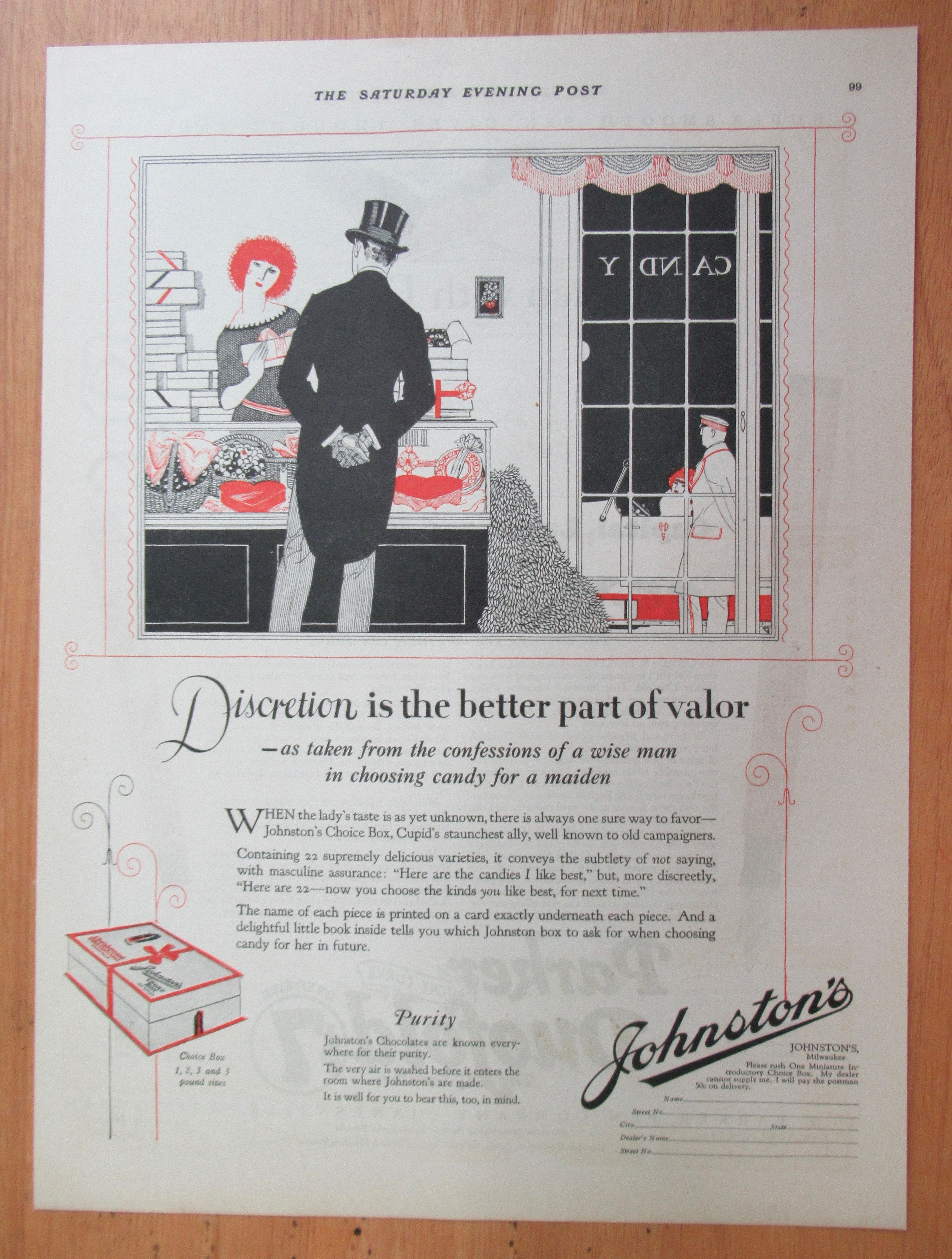 1923 Johnston's Chocolates with Man Buying Candy
