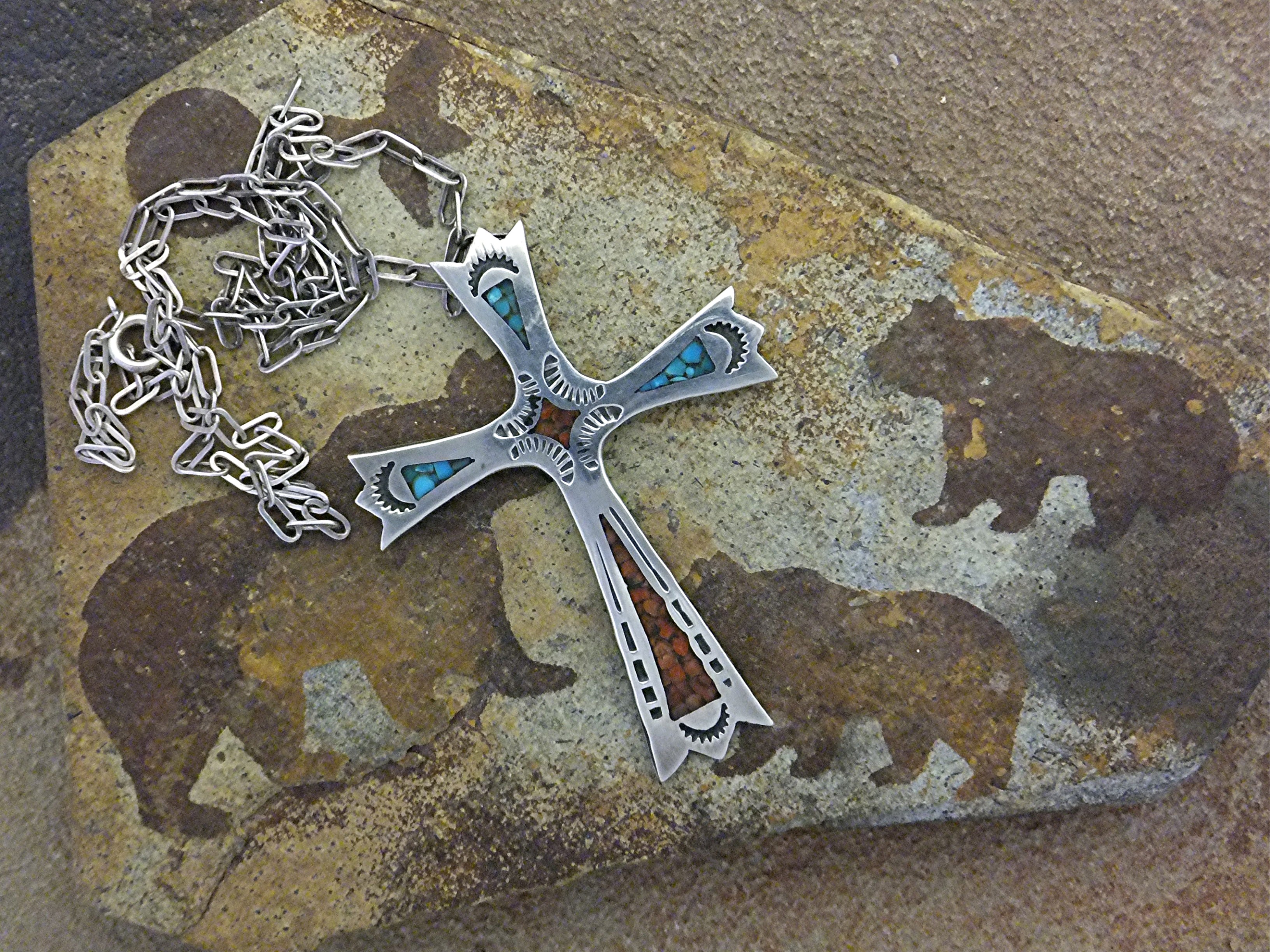 Native American Sterling Silver Chip Inlay Cross CHARLI