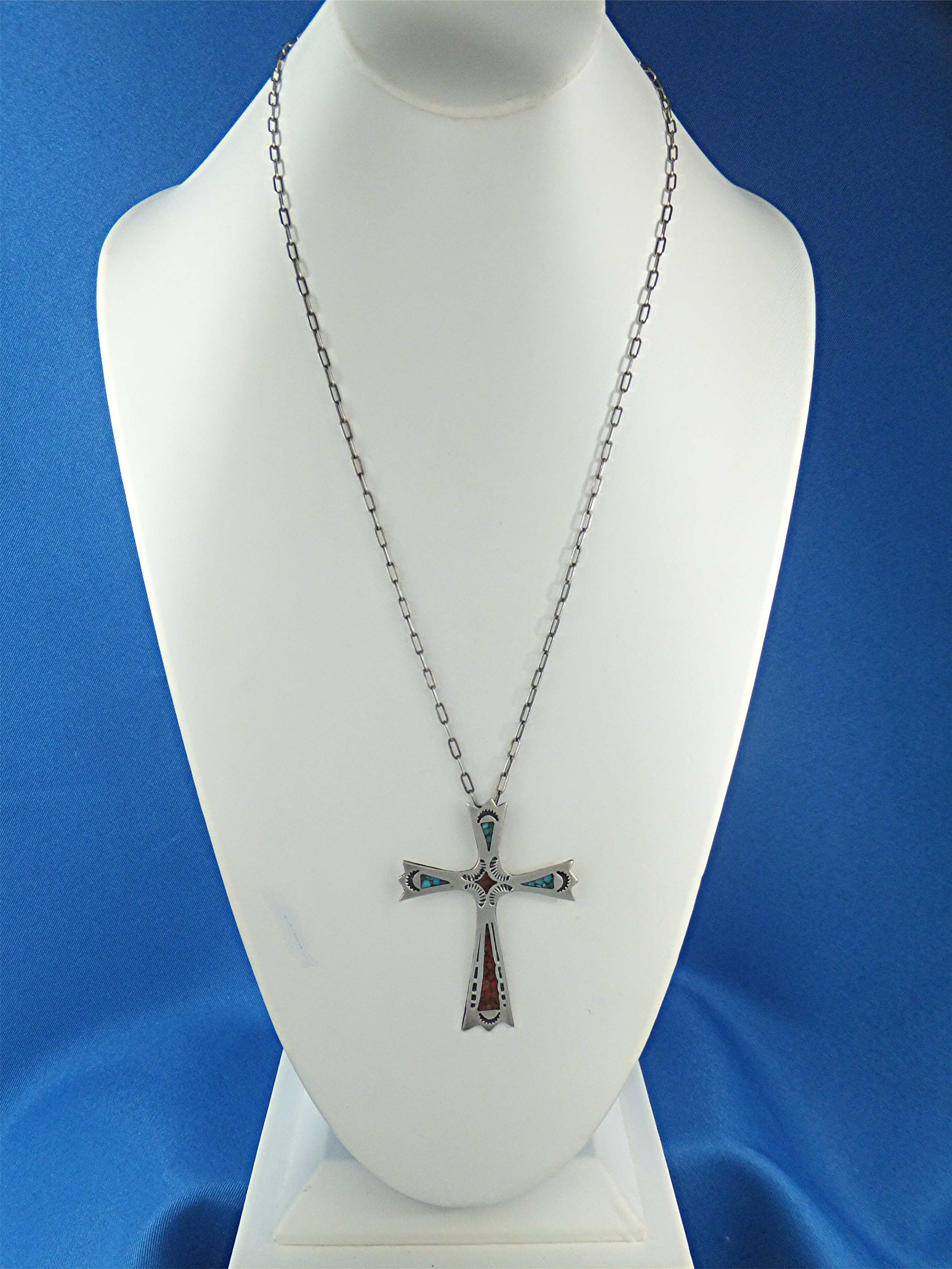 Native American Sterling Silver Chip Inlay Cross CHARLI