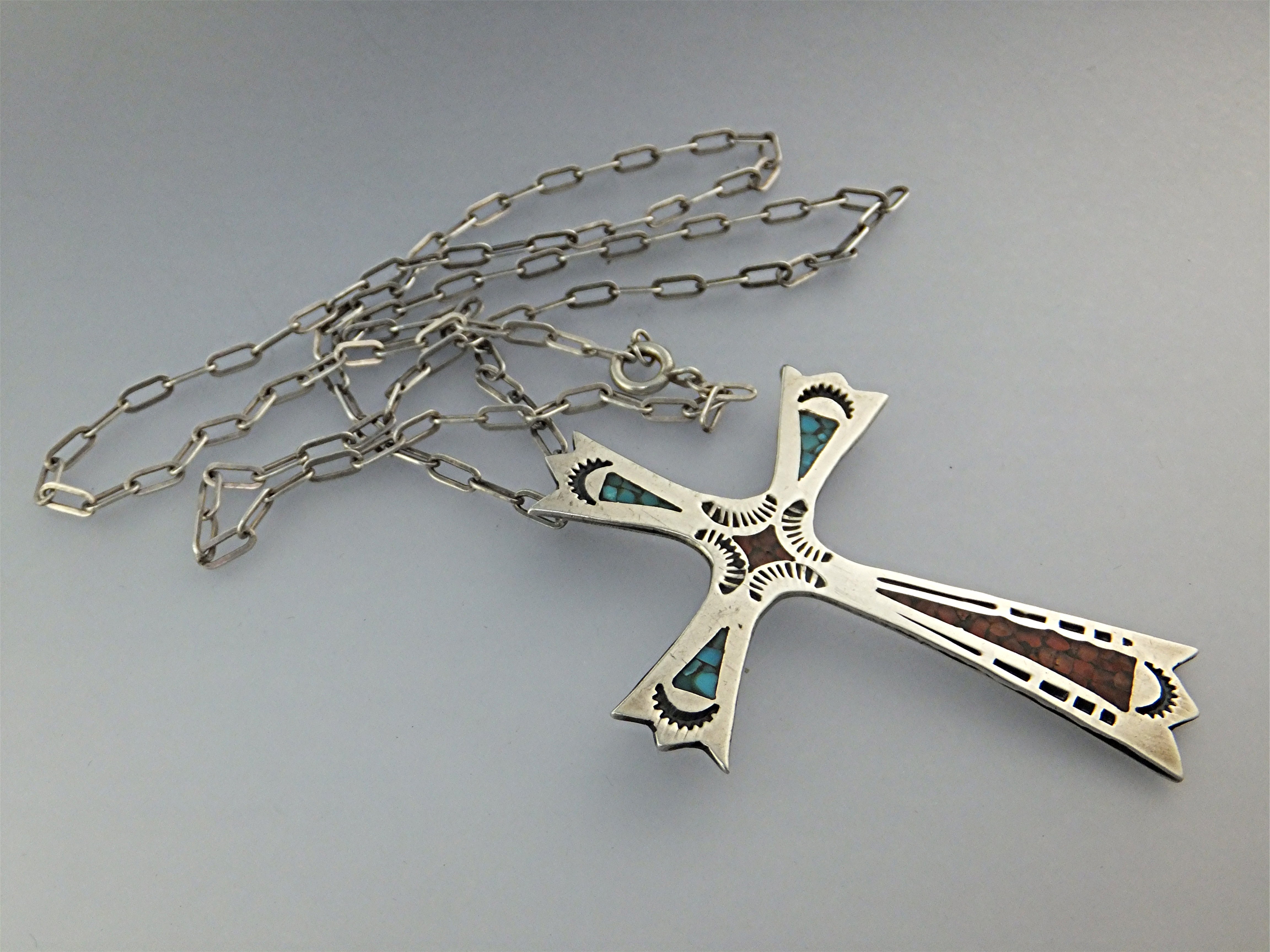 Native American Sterling Silver Chip Inlay Cross CHARLI