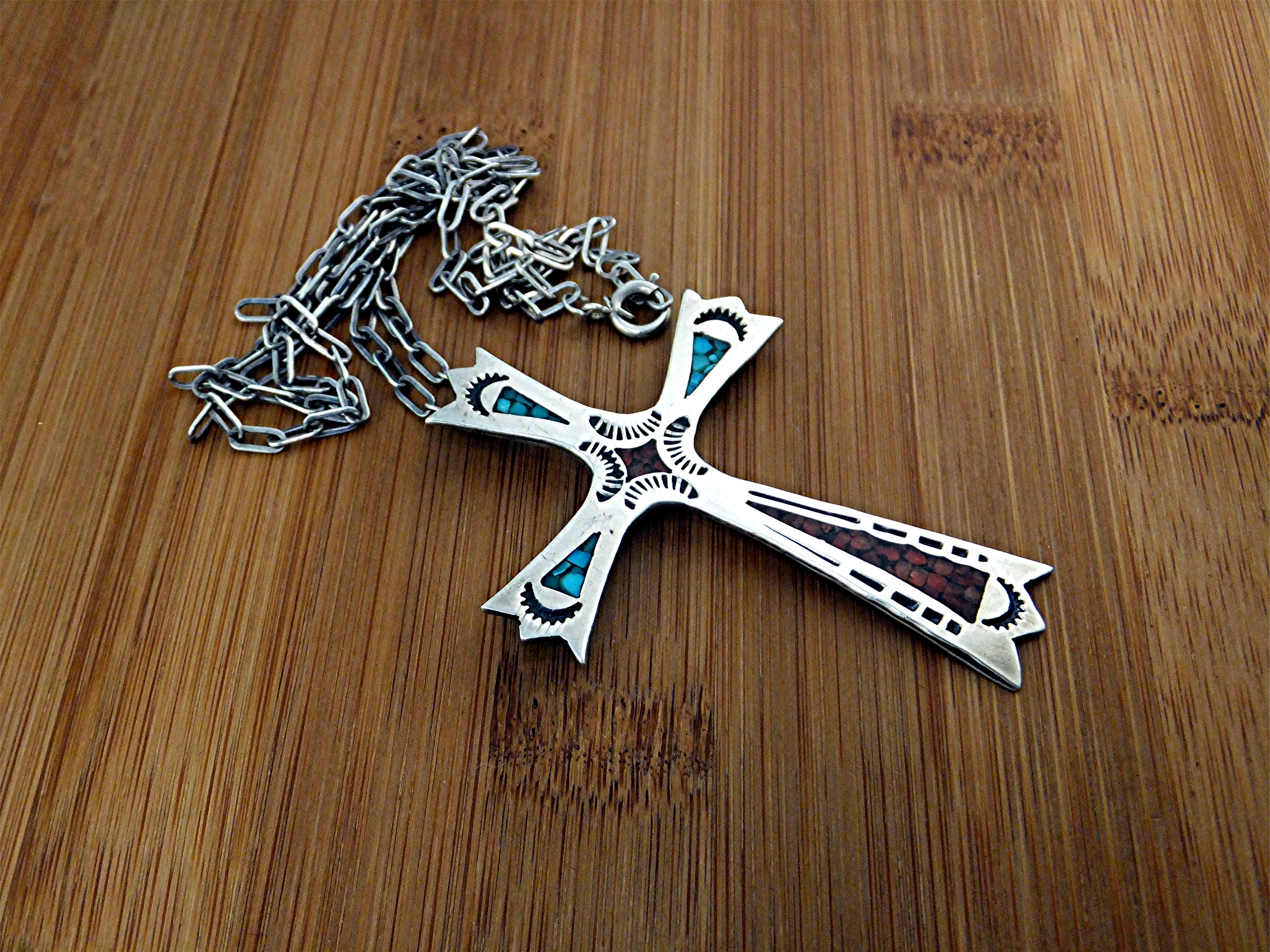 Native American Sterling Silver Chip Inlay Cross CHARLI