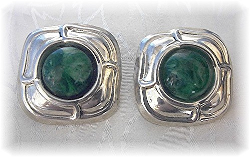 Sterling Silver & Green Cabochon Clip Earrings