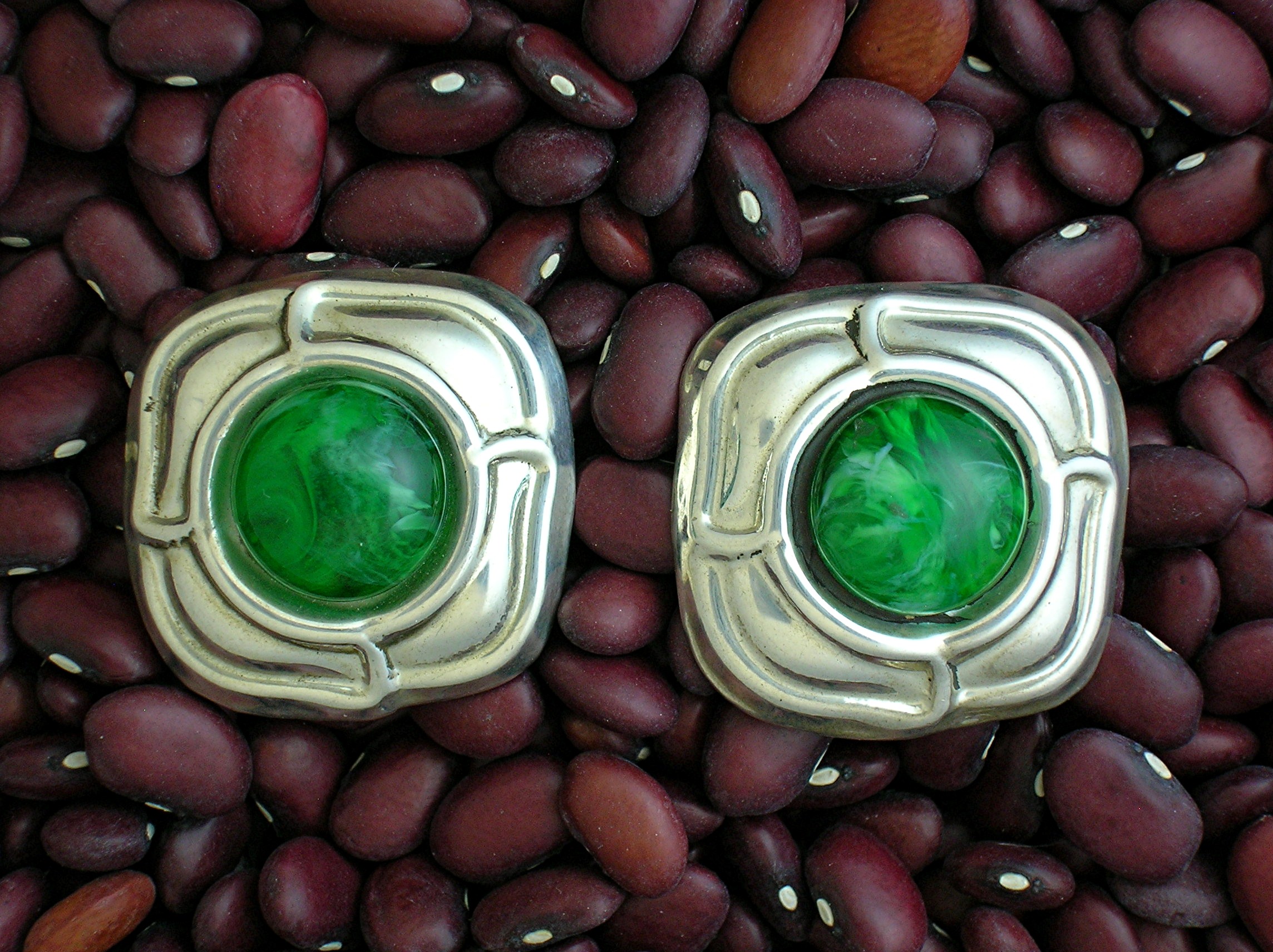 Sterling Silver & Green Cabochon Clip Earrings