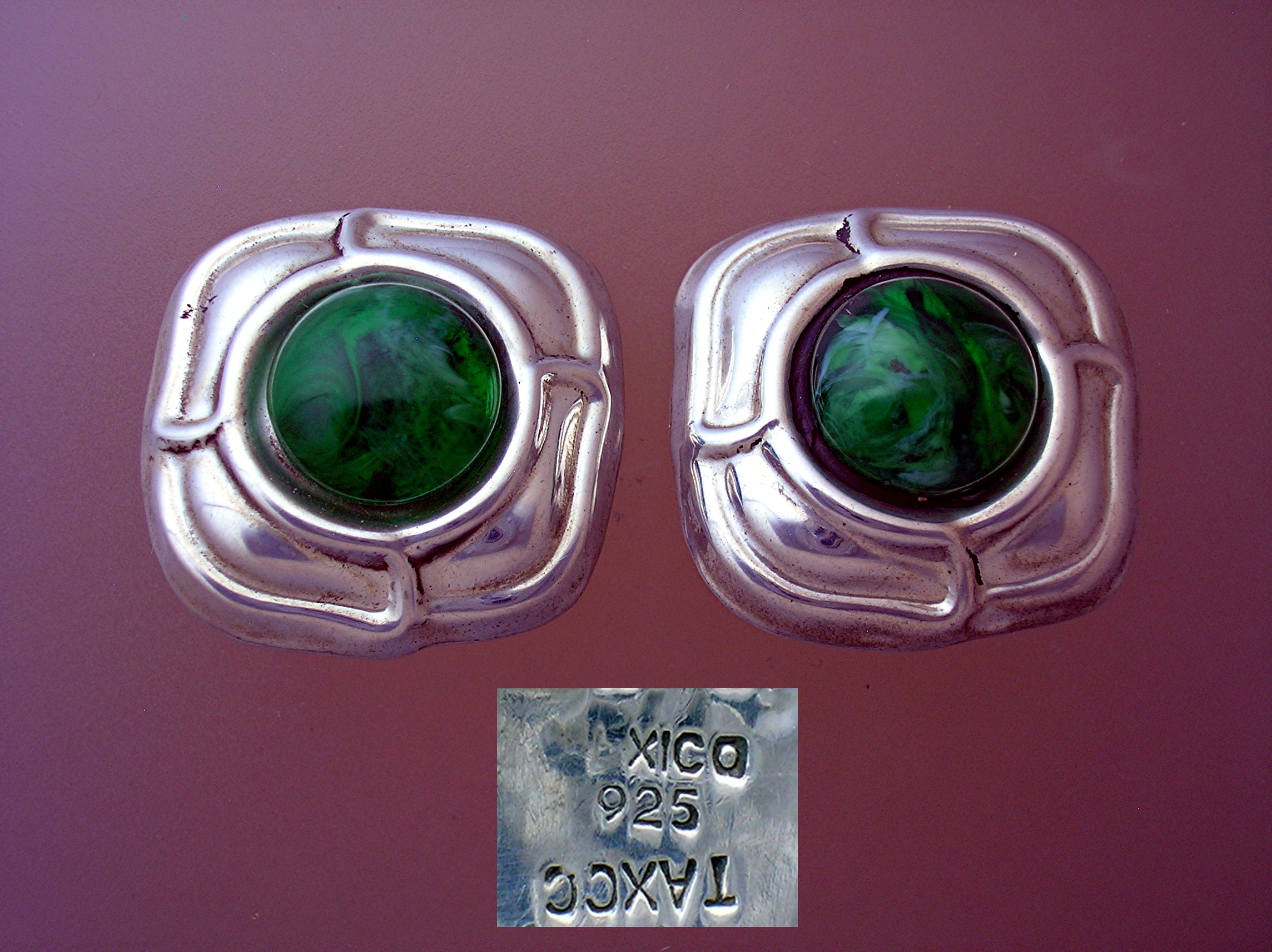 Sterling Silver & Green Cabochon Clip Earrings