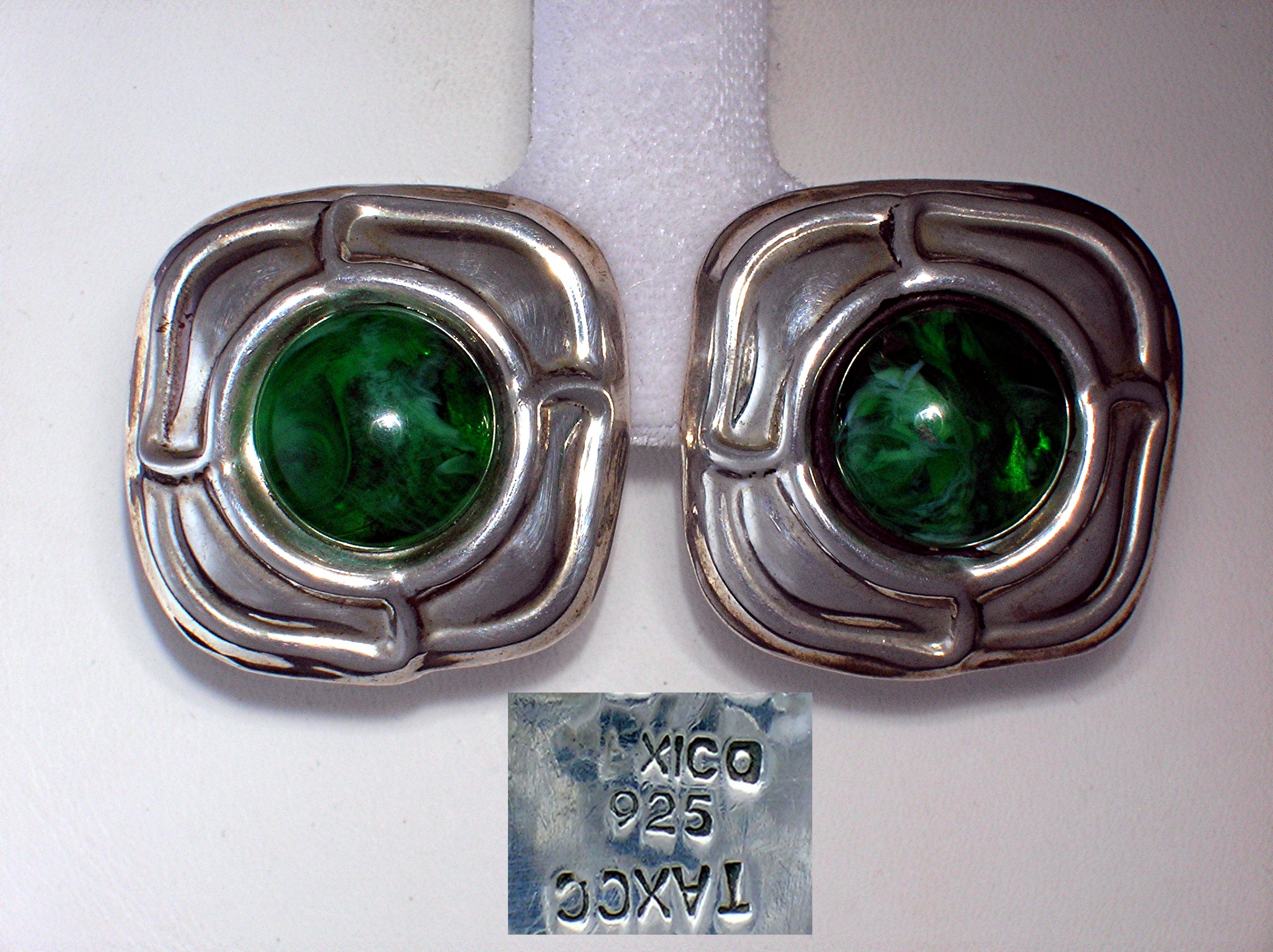 Sterling Silver & Green Cabochon Clip Earrings