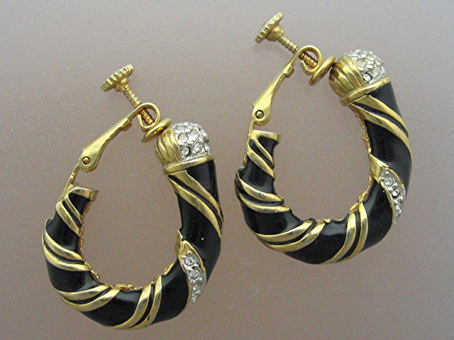 Enamel Crystal and Goldtone Clip Earrings Vintage