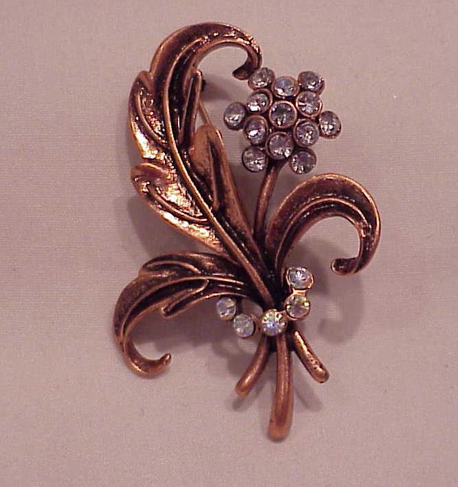 Clear And Aurora Borealis Rhinestone Flower Copper Brooch