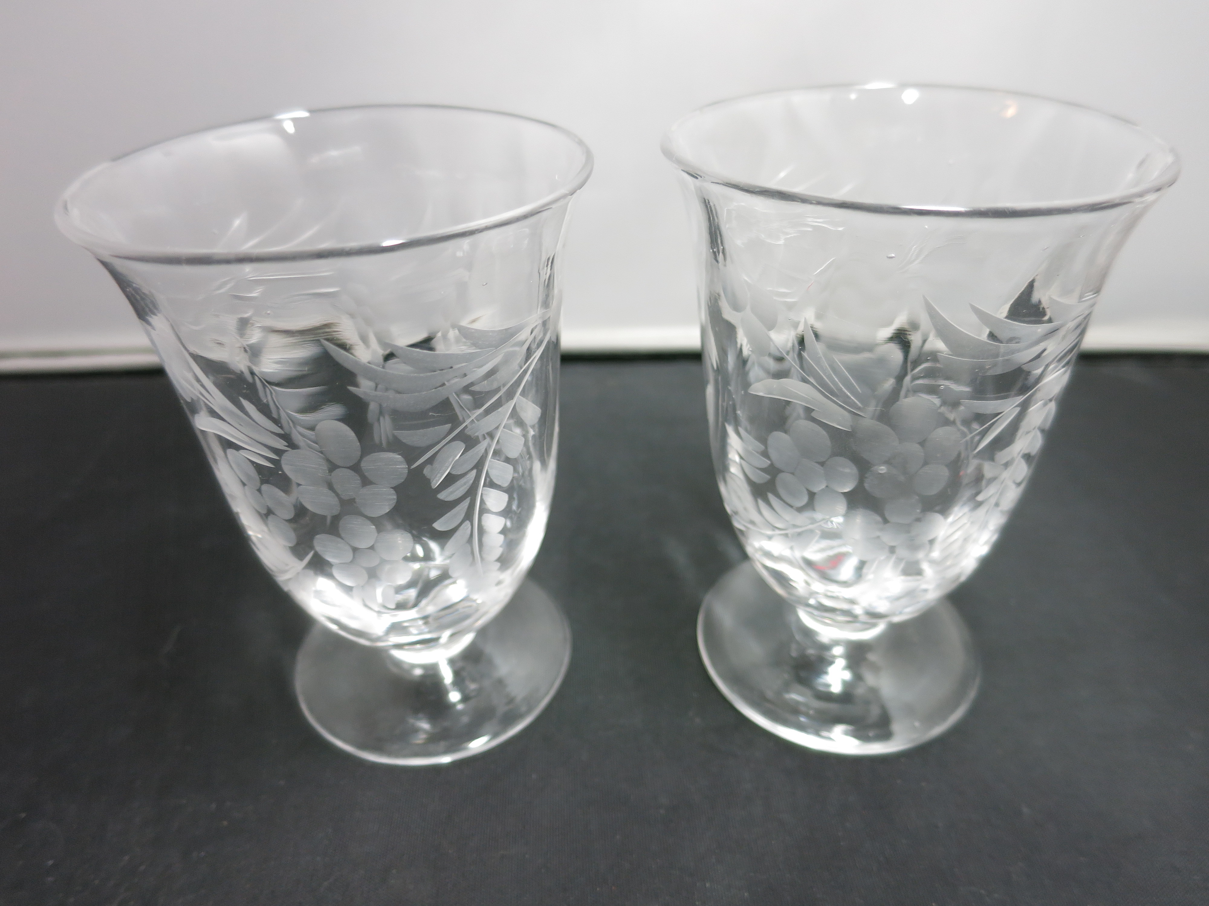 Floral Etched Glass Juice Glass Footed set of two