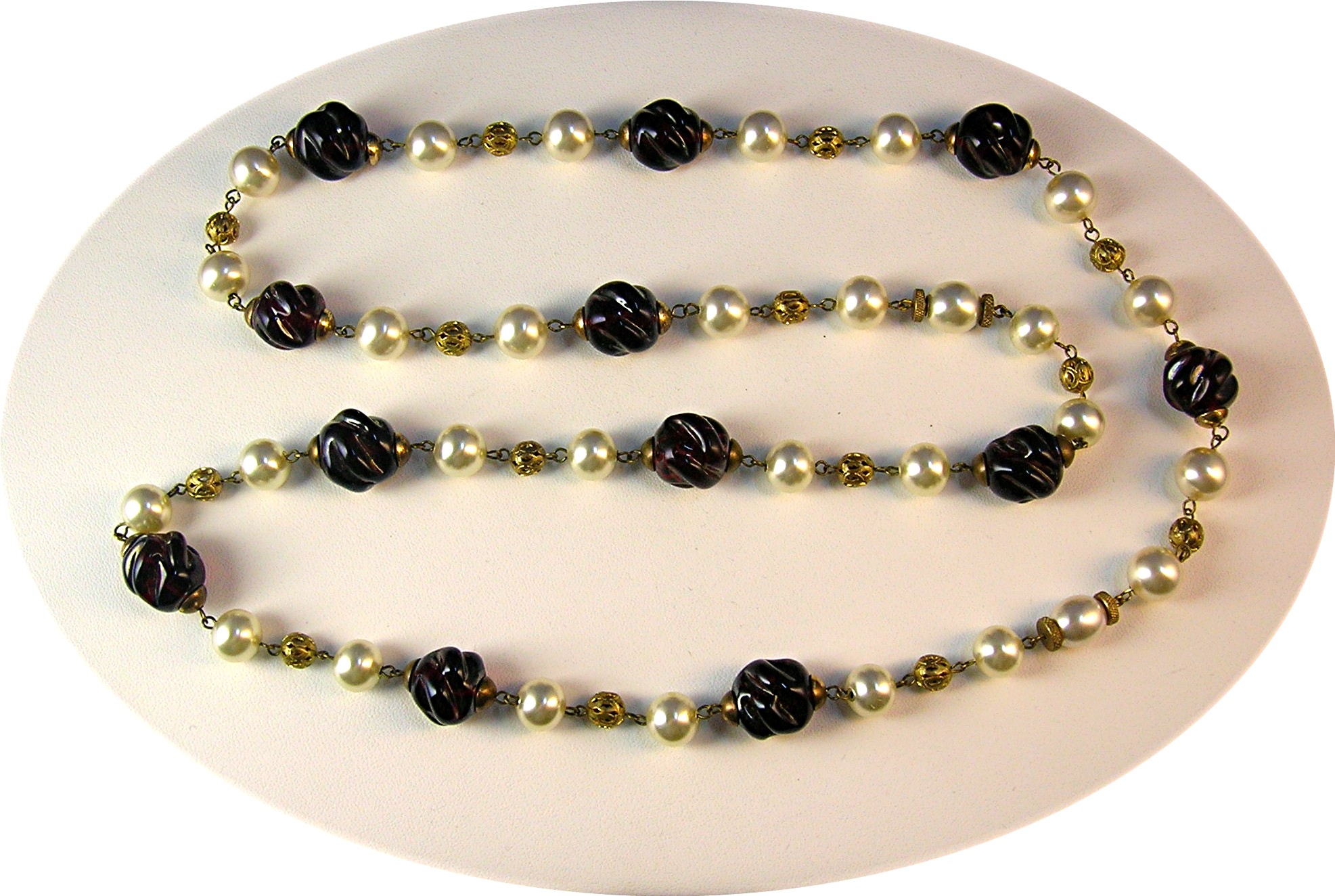 Pearl Cranberry Glass Filigree Gold Chain Link Necklace