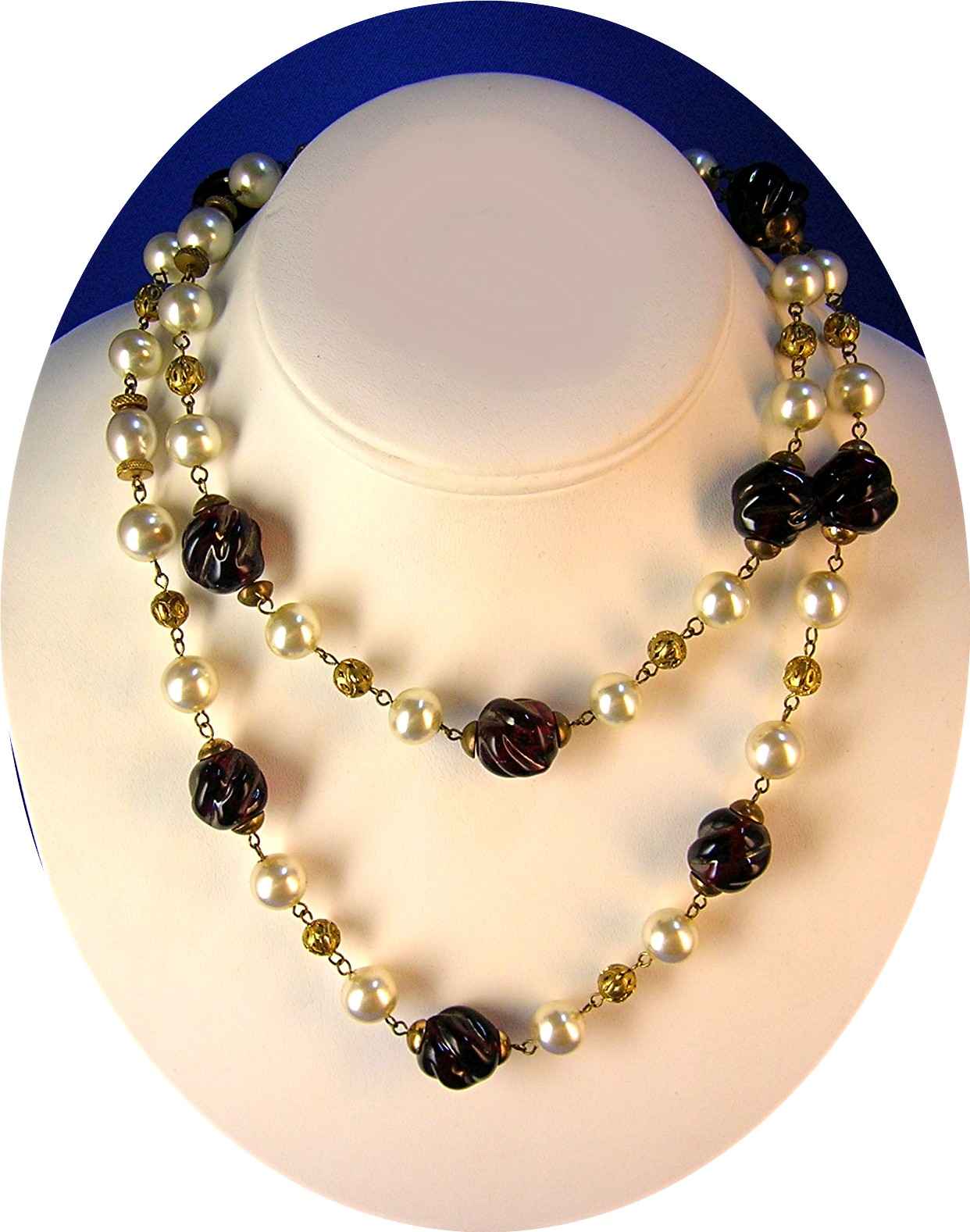 Pearl Cranberry Glass Filigree Gold Chain Link Necklace