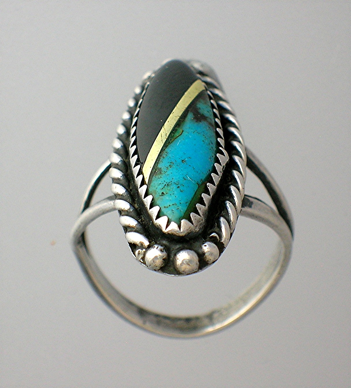 Navajo  Turquoise Onyx Gold Silver Ring