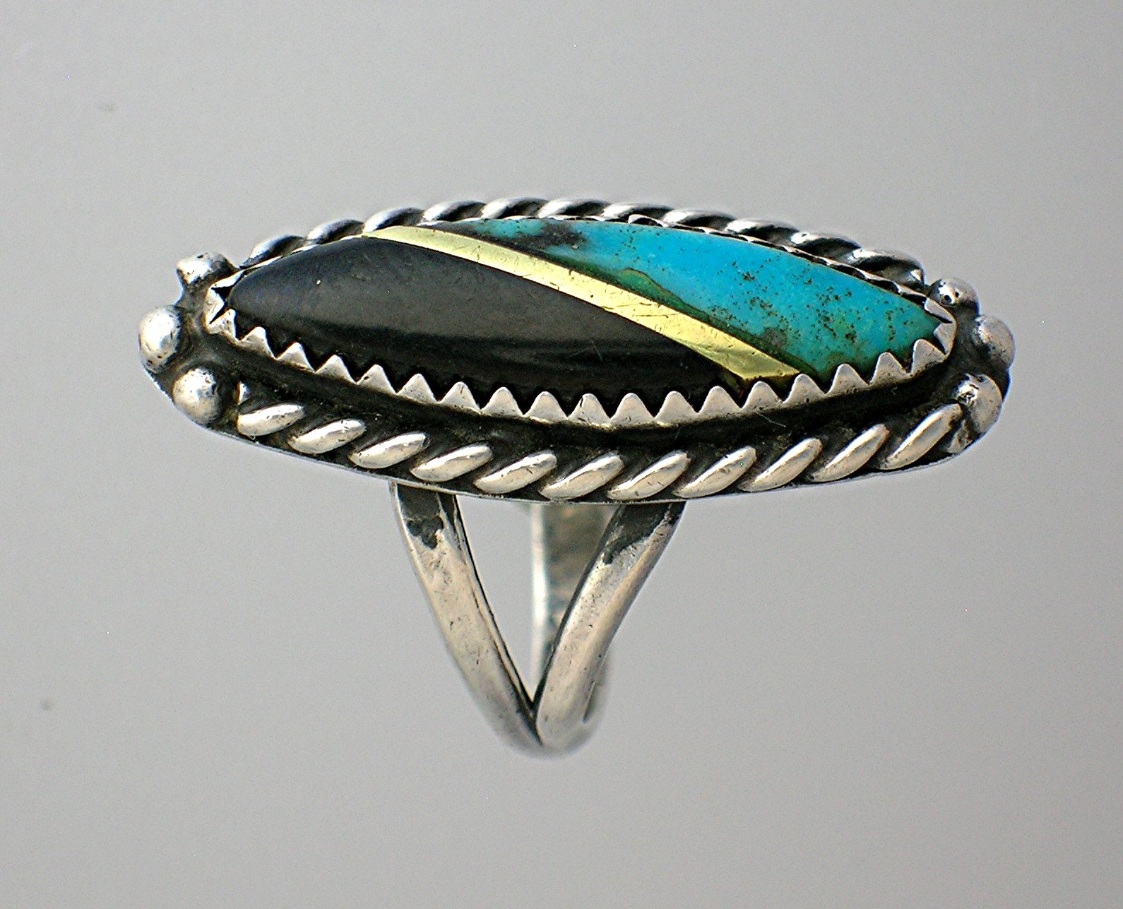 Navajo  Turquoise Onyx Gold Silver Ring