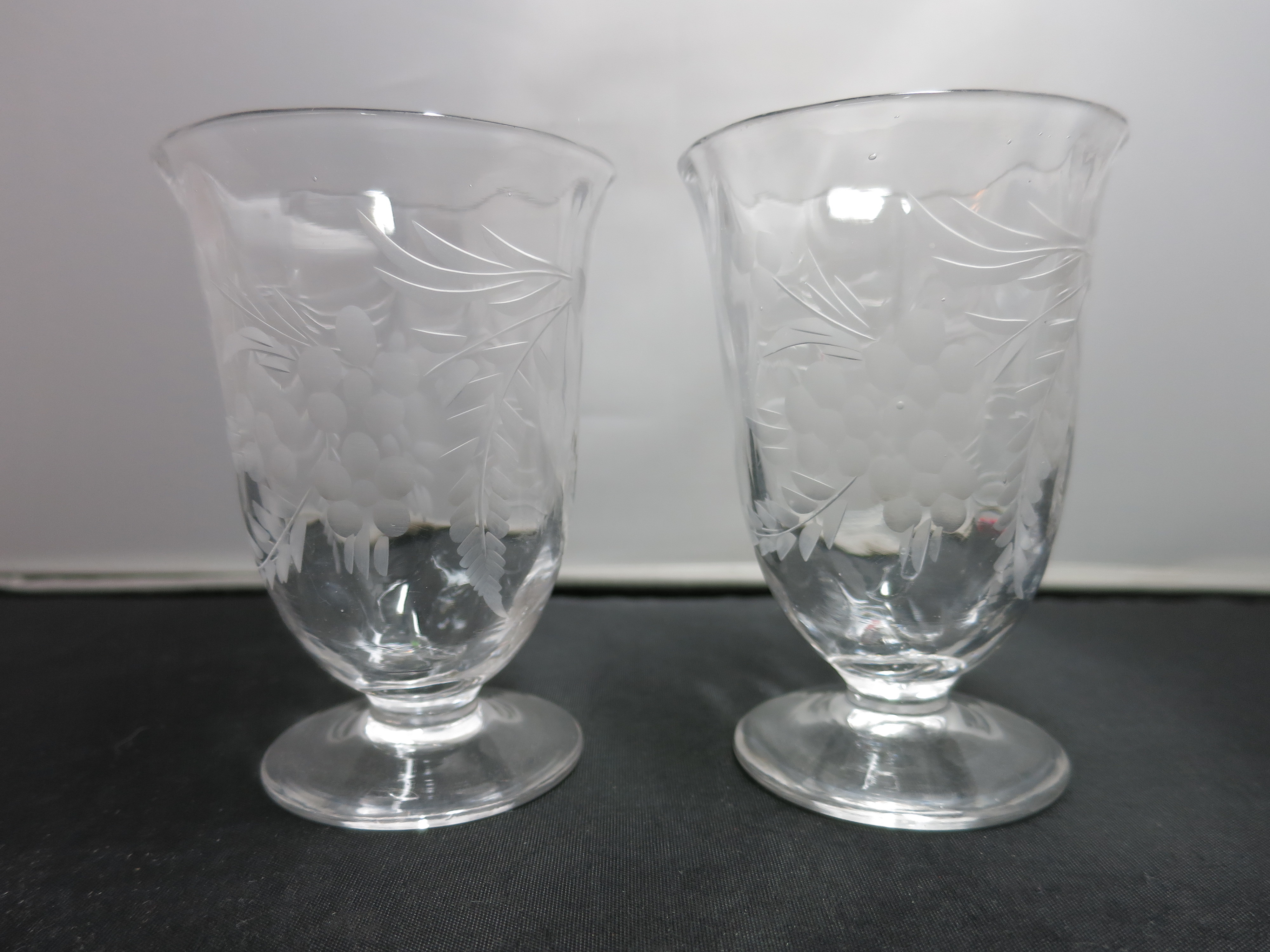 Floral Etched Glass Juice Glass Footed set of two