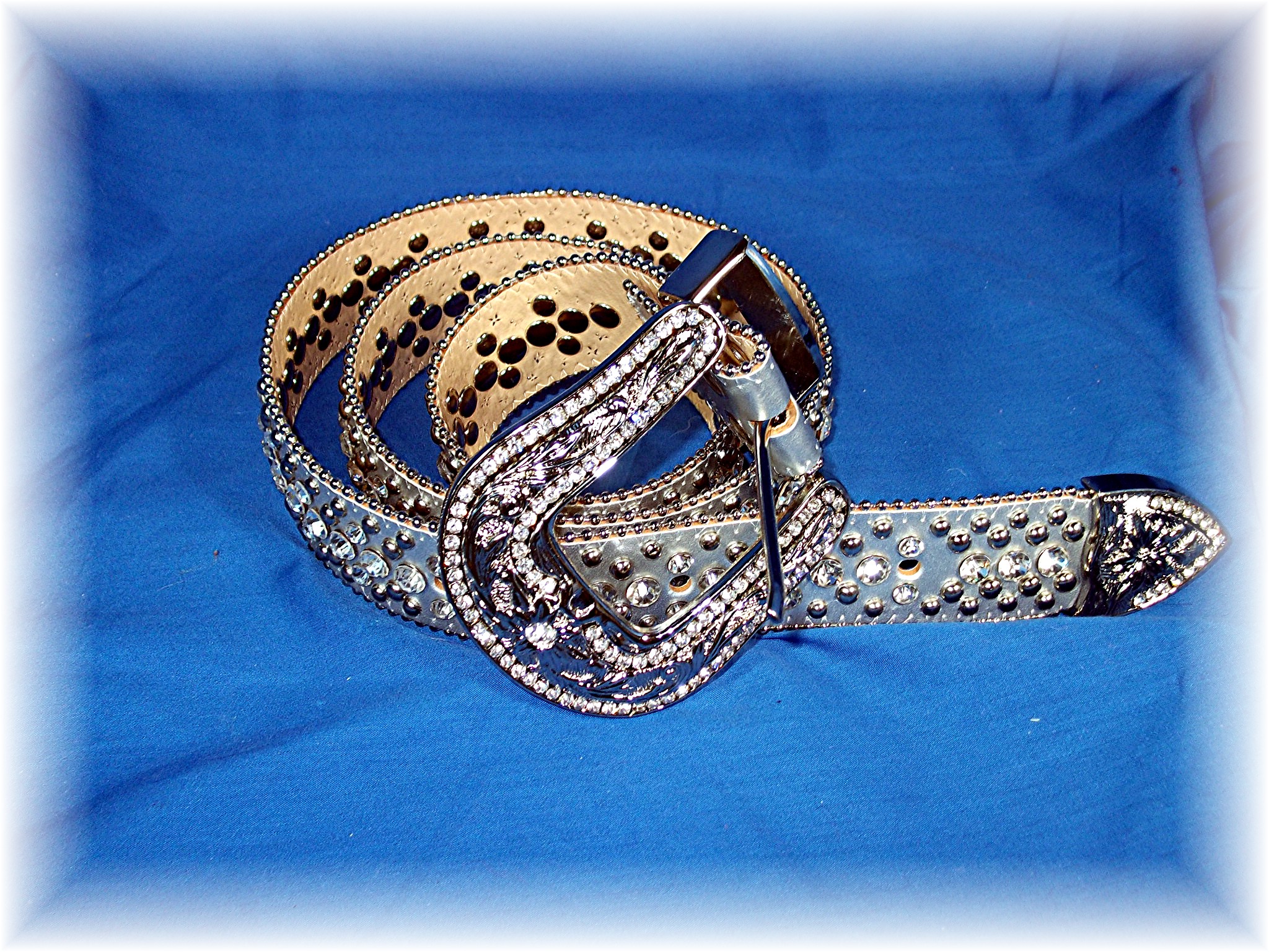 Belt  Silver Leather Studded with  Sparkling Crystals