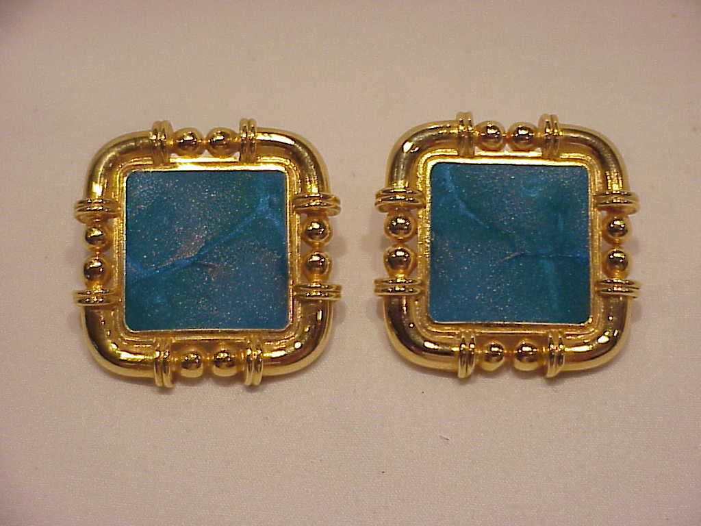 Berebi Large Gold Tone And Blue Green Enamel Pierced Earrings