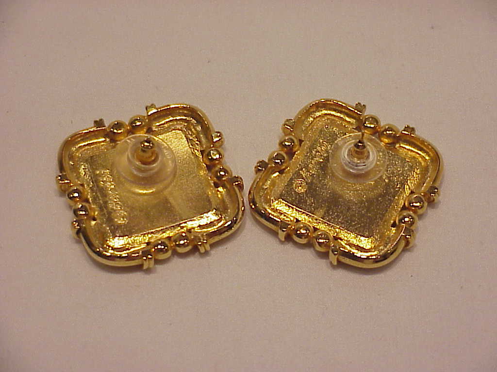Berebi Large Gold Tone And Blue Green Enamel Pierced Earrings