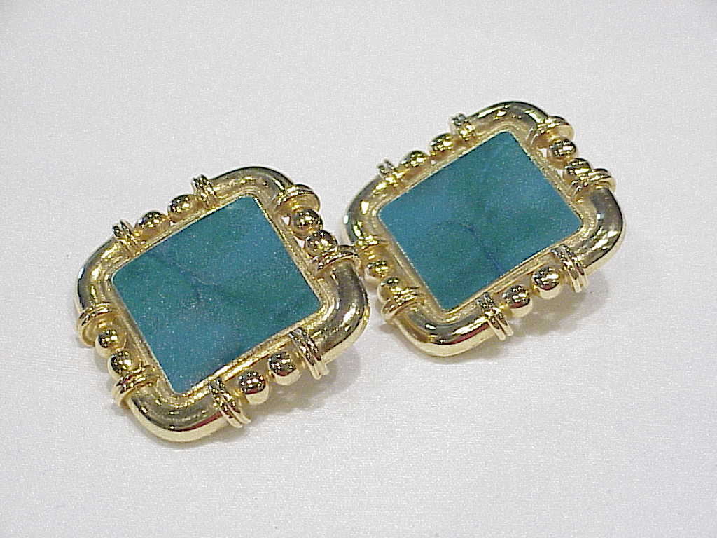 Berebi Large Gold Tone And Blue Green Enamel Pierced Earrings