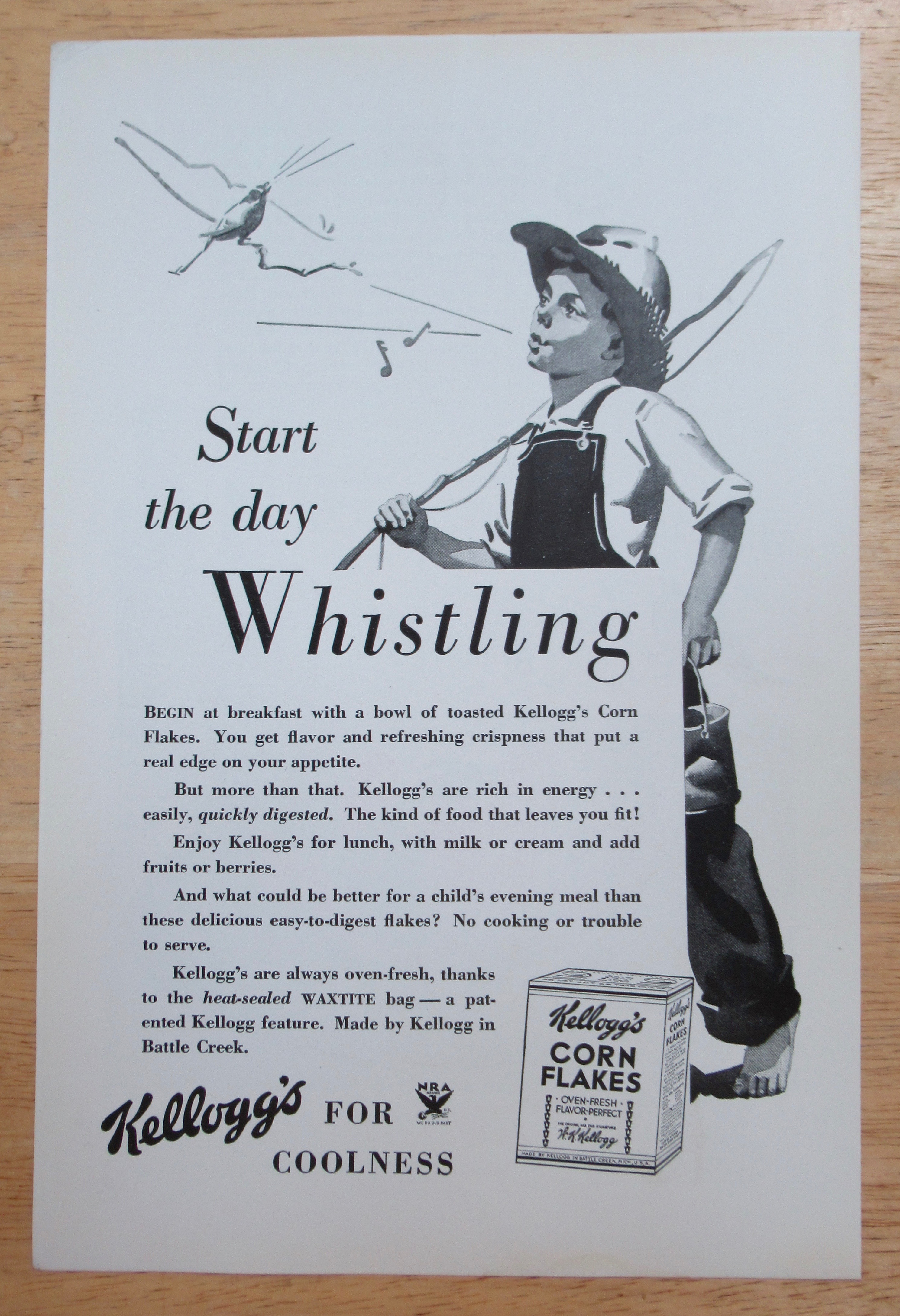 1934 Kellogg Corn Flakes w/ Boy Whistling While Walking