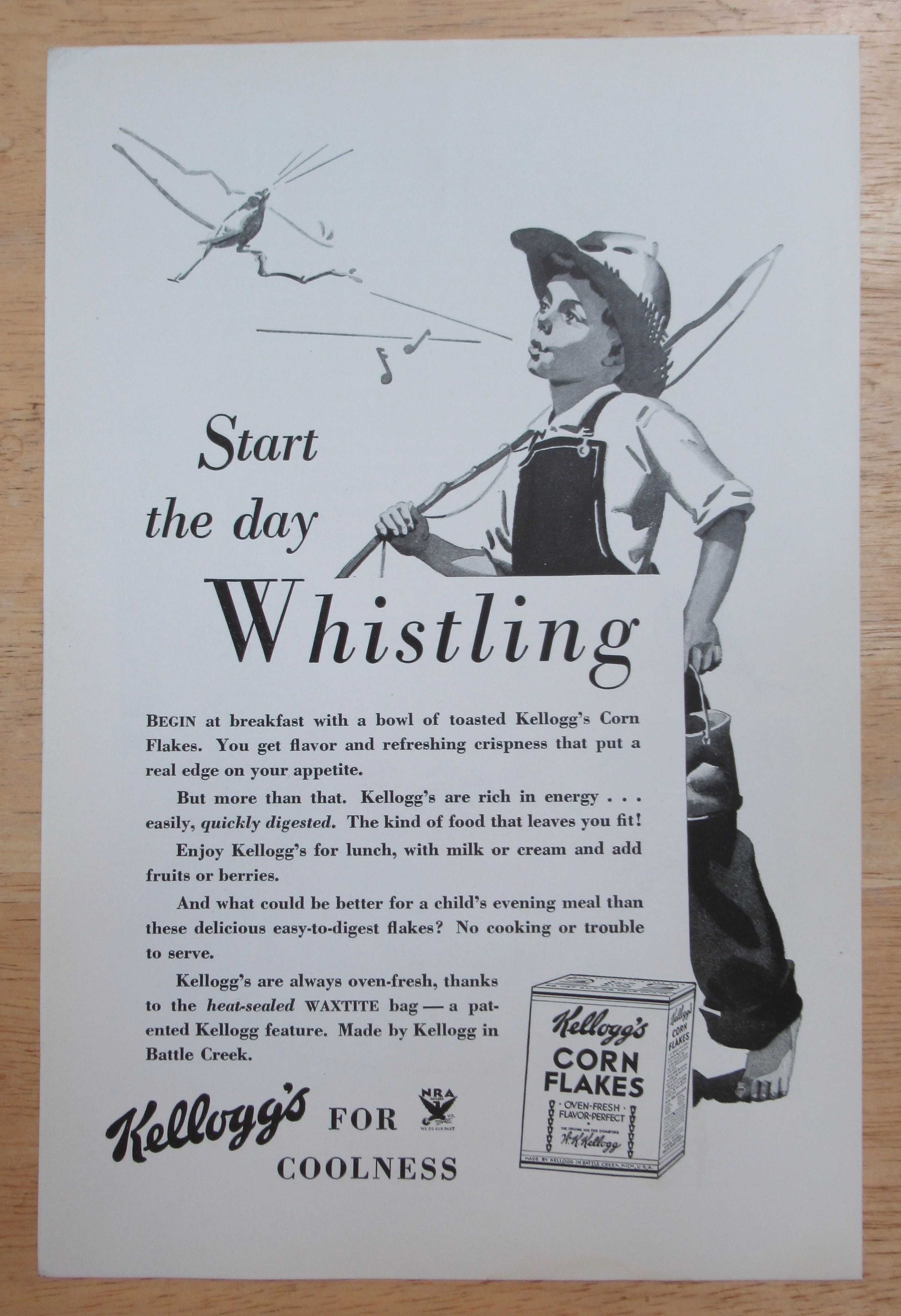 1934 Kellogg Corn Flakes w/ Boy Whistling While Walking