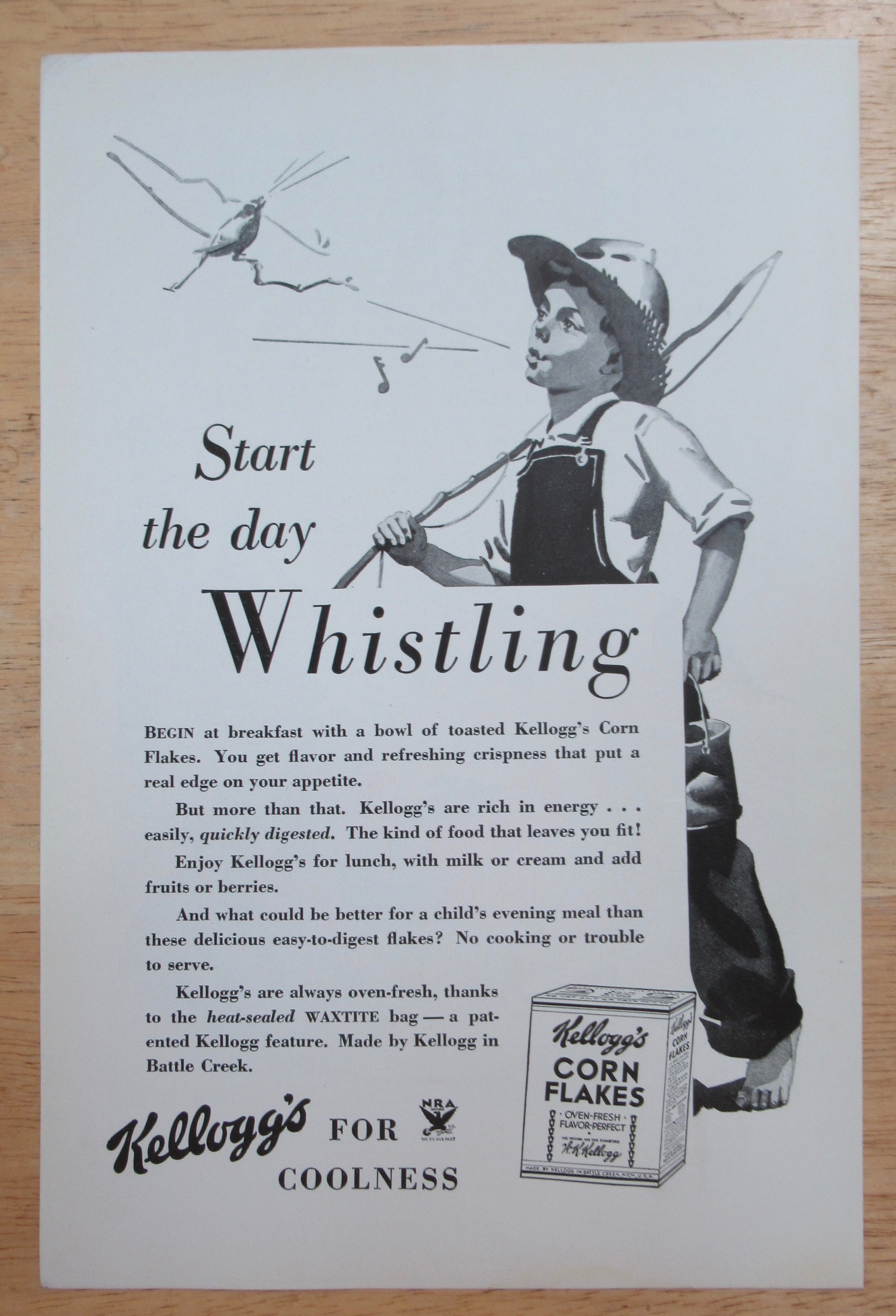 1934 Kellogg Corn Flakes w/ Boy Whistling While Walking