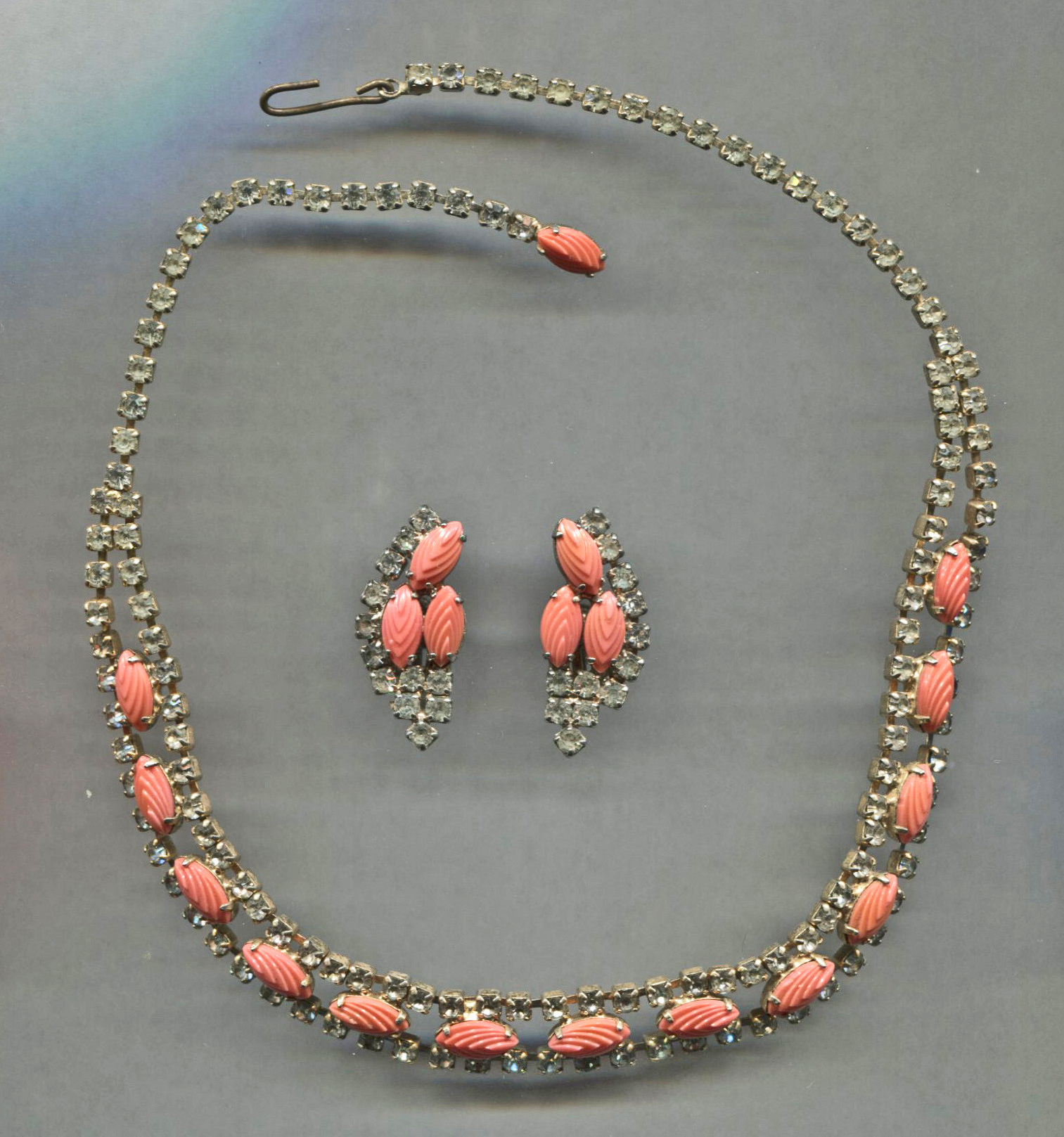 Coral & Rhinestone Necklace & Earrings Set