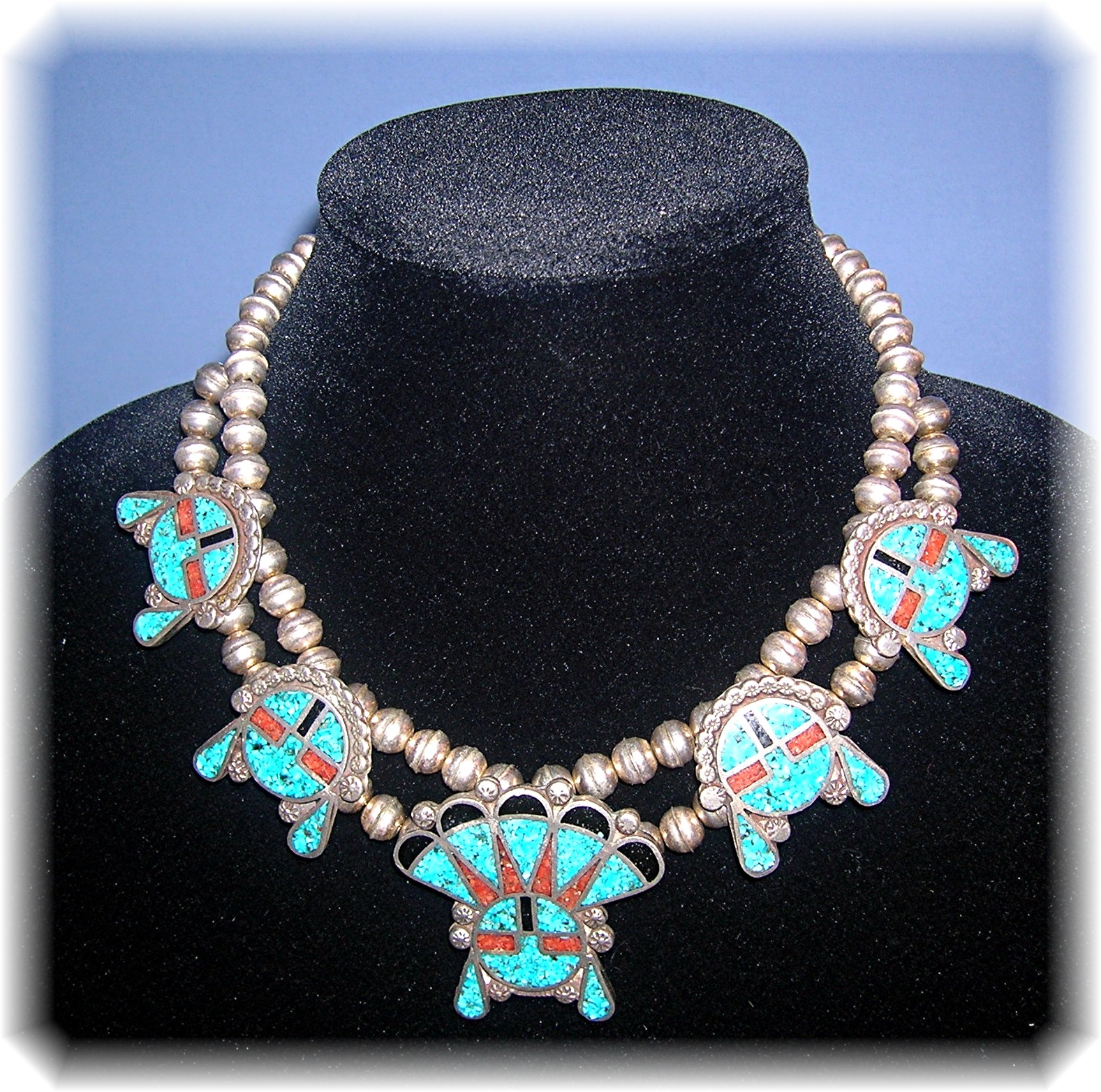 Navajo Sterling Silver Coral OnyxTurquoise Chip Inlay