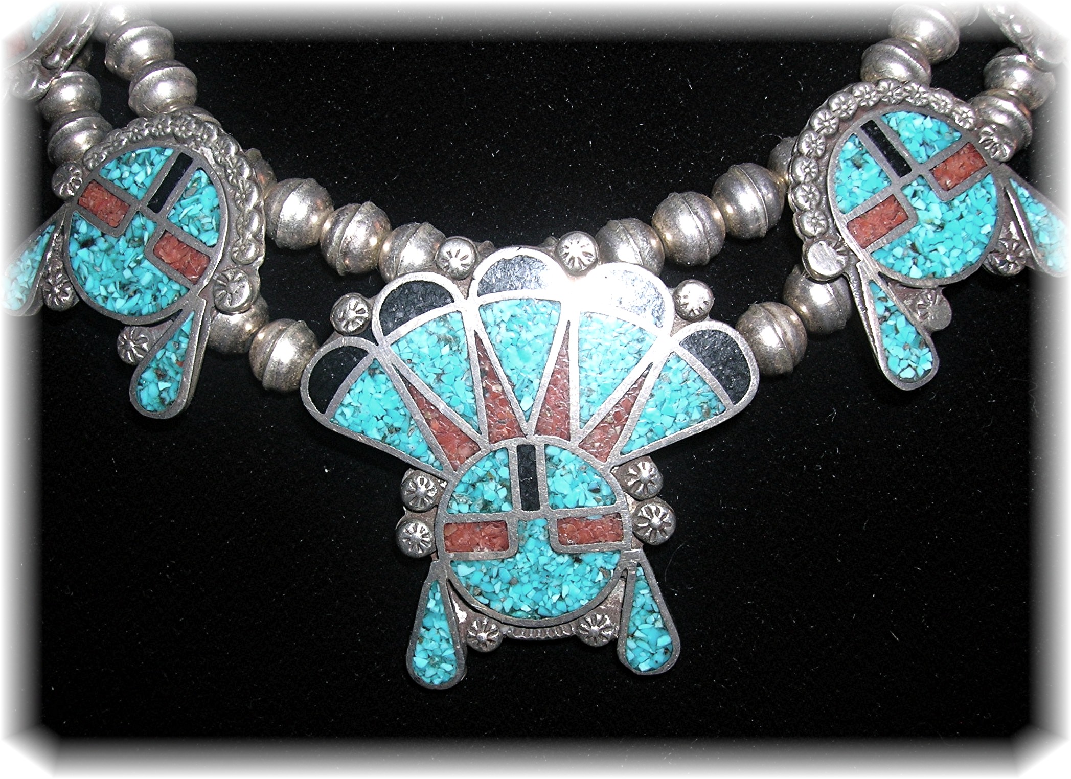 Navajo Sterling Silver Coral OnyxTurquoise Chip Inlay