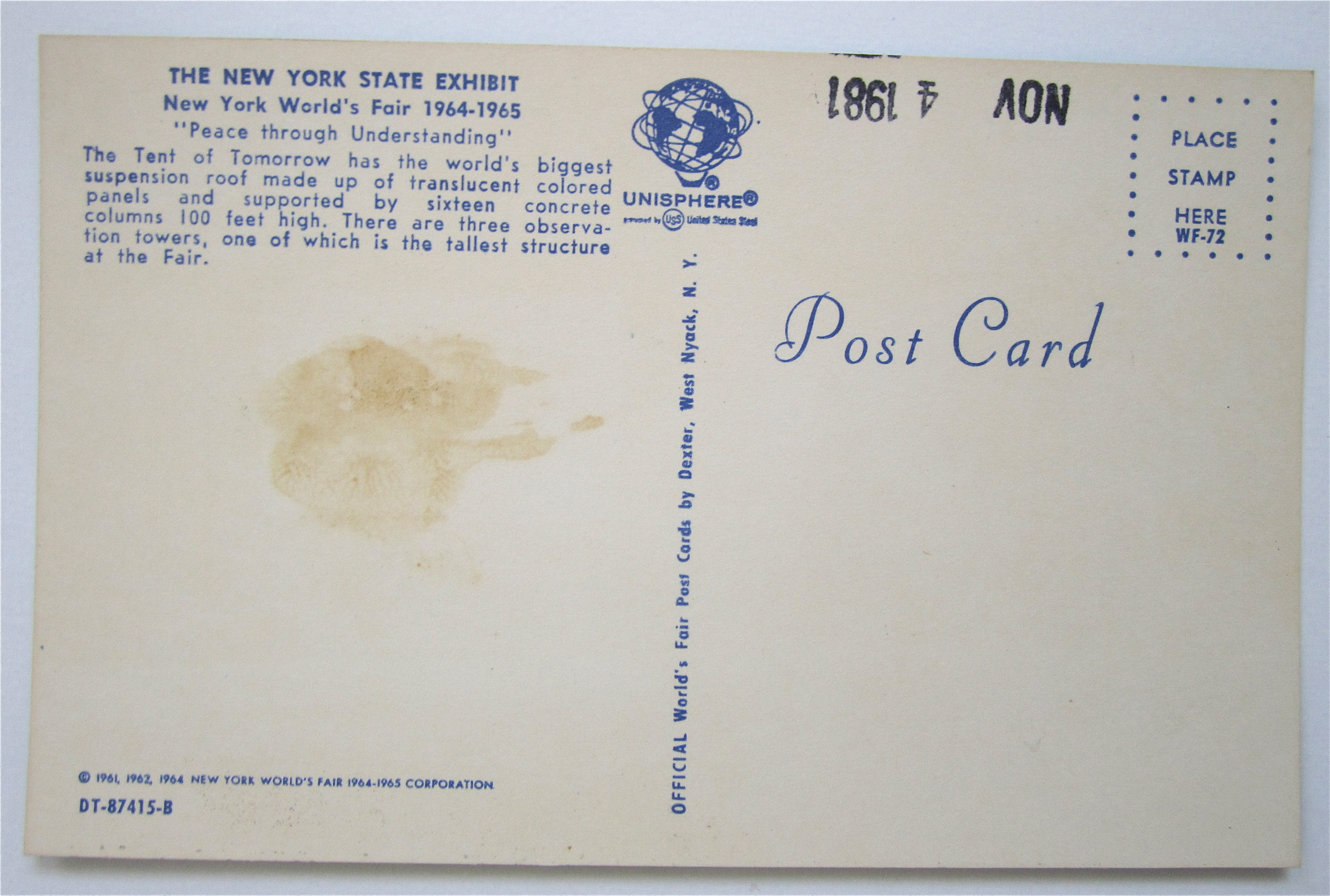 New York State Exhibit, New York World Fair Postcard