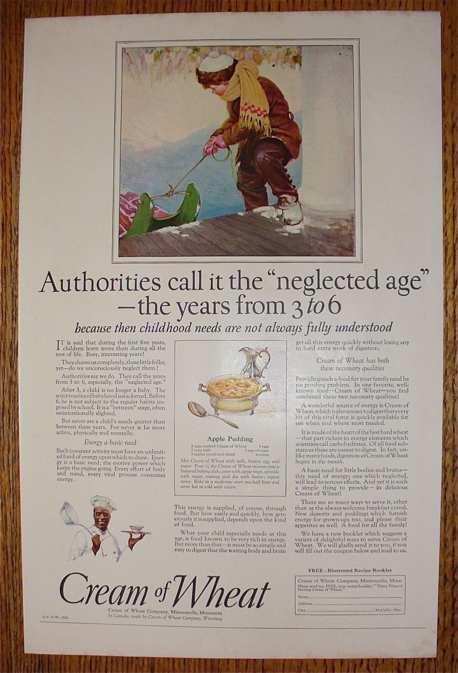 1923 Cream Of Wheat Cereal with Boy Pulling Sled