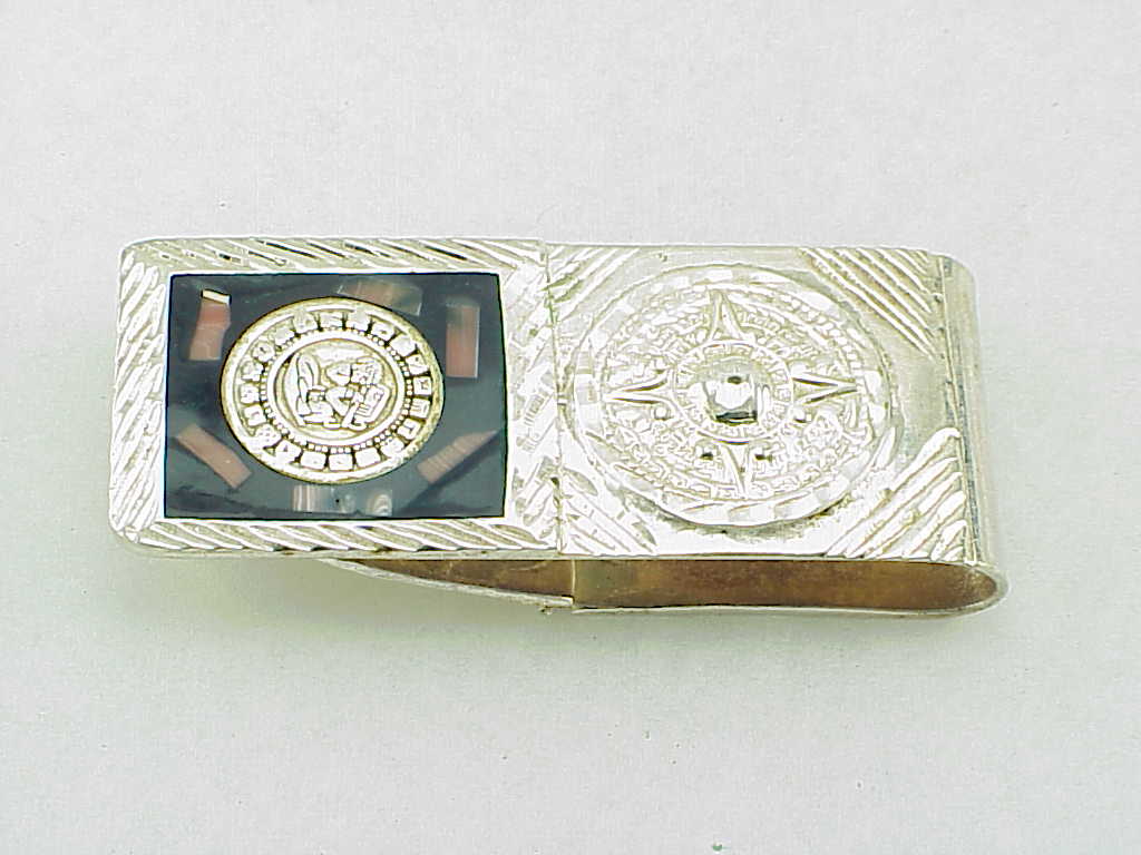 Silver Tone Enamel Aztec Calendar Money Clip Signed Mexico