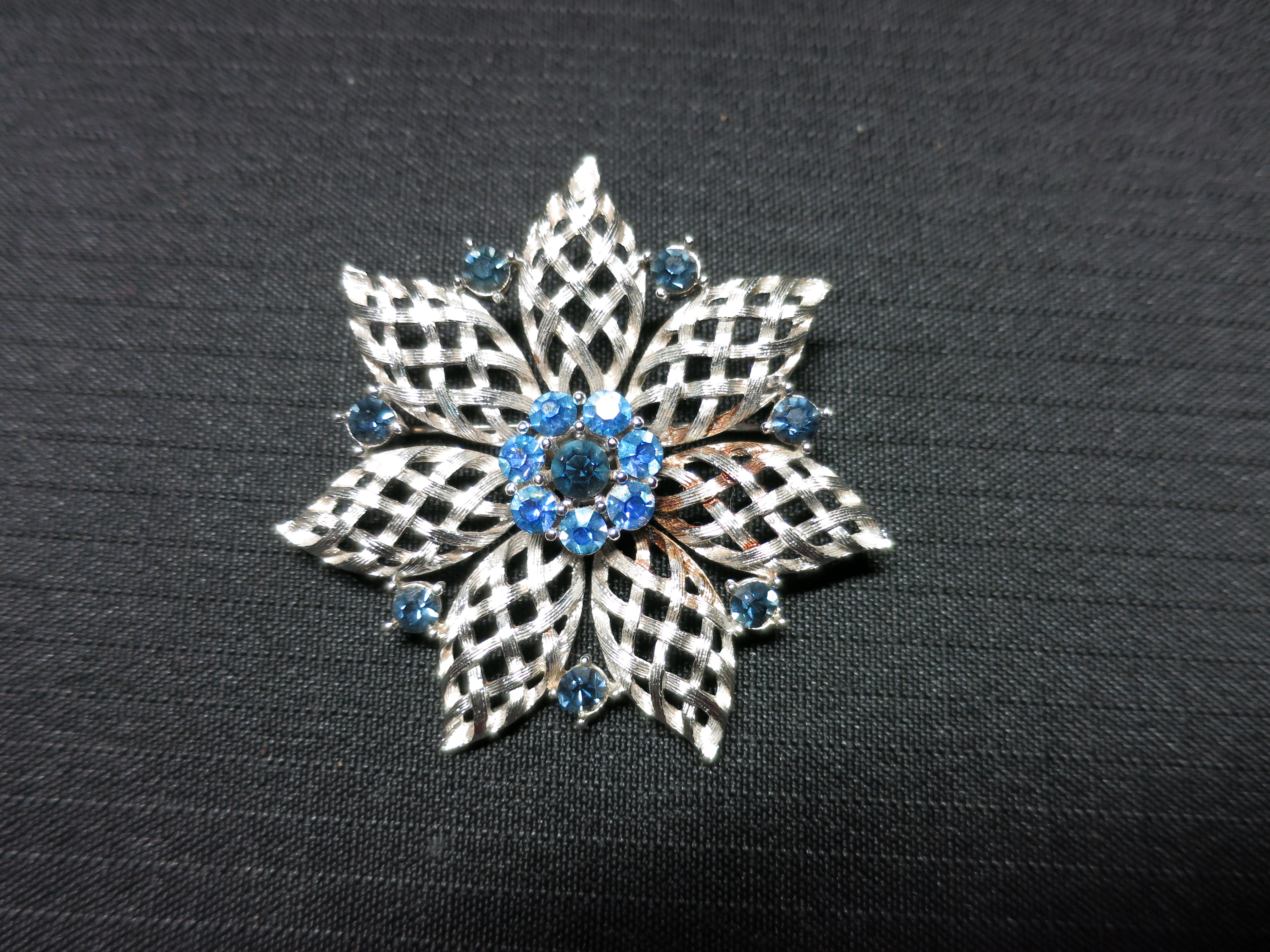 Floral Blue Rhinestone Pin Silver Tone