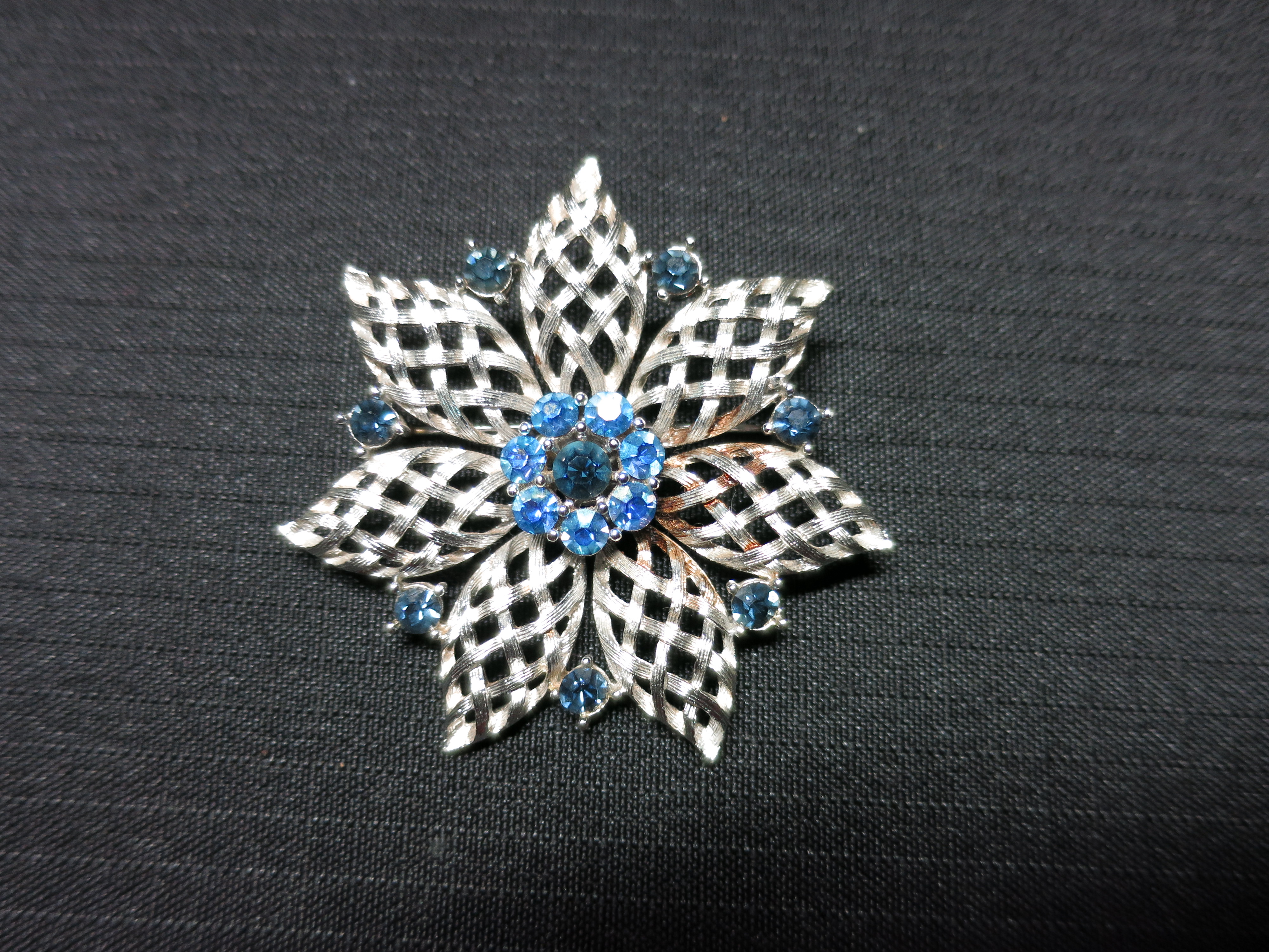 Floral Blue Rhinestone Pin Silver Tone