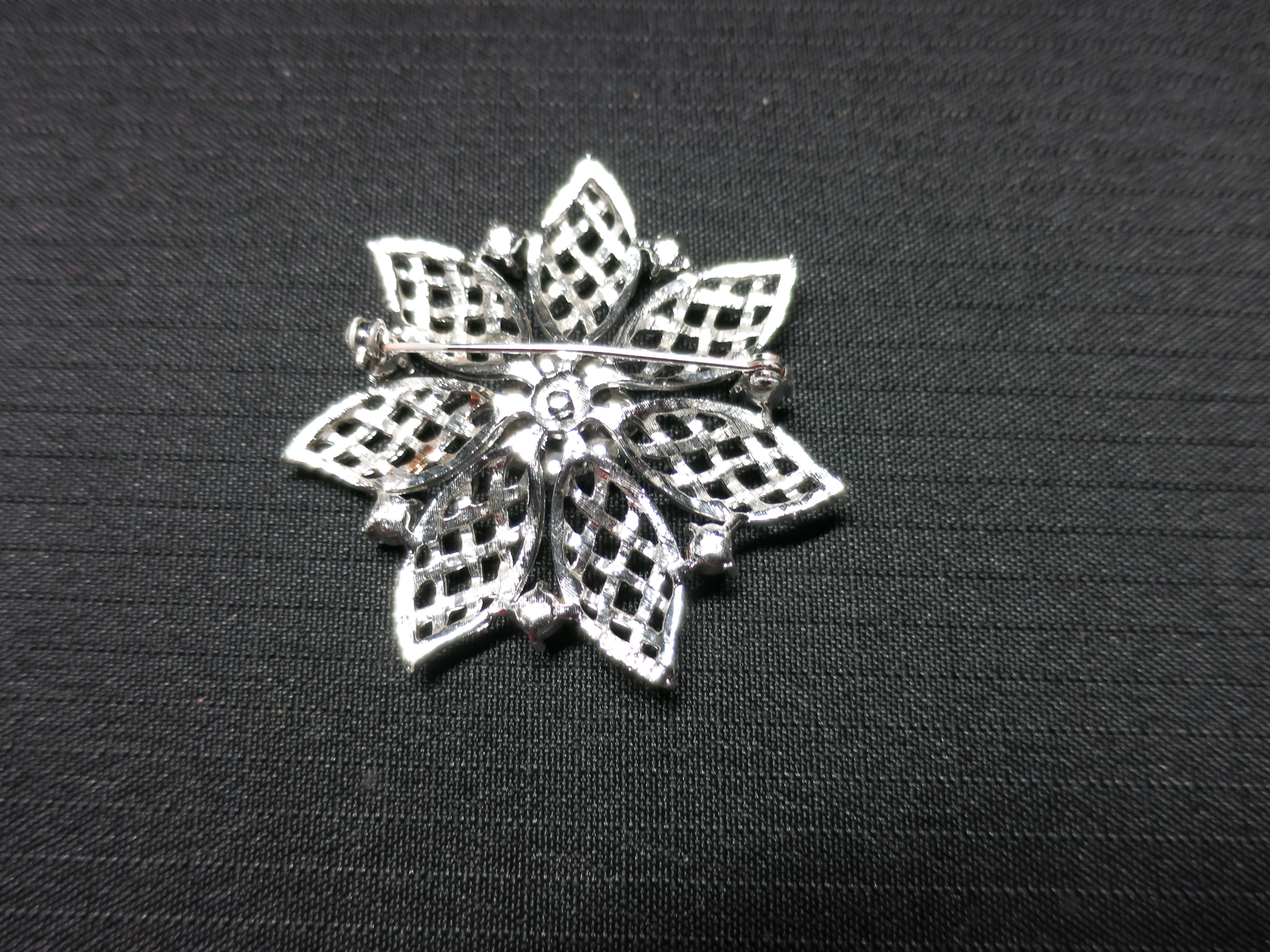 Floral Blue Rhinestone Pin Silver Tone