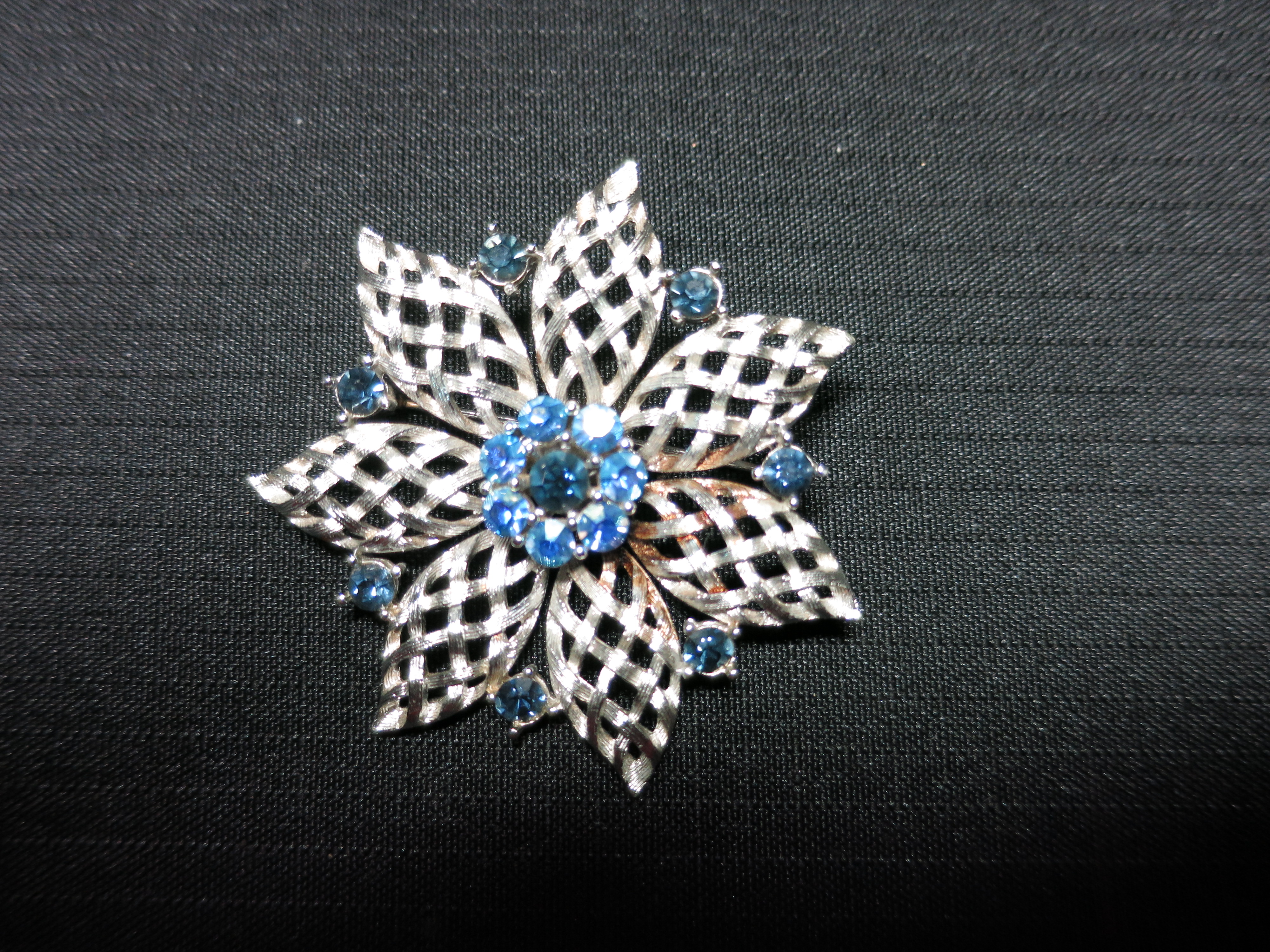 Floral Blue Rhinestone Pin Silver Tone