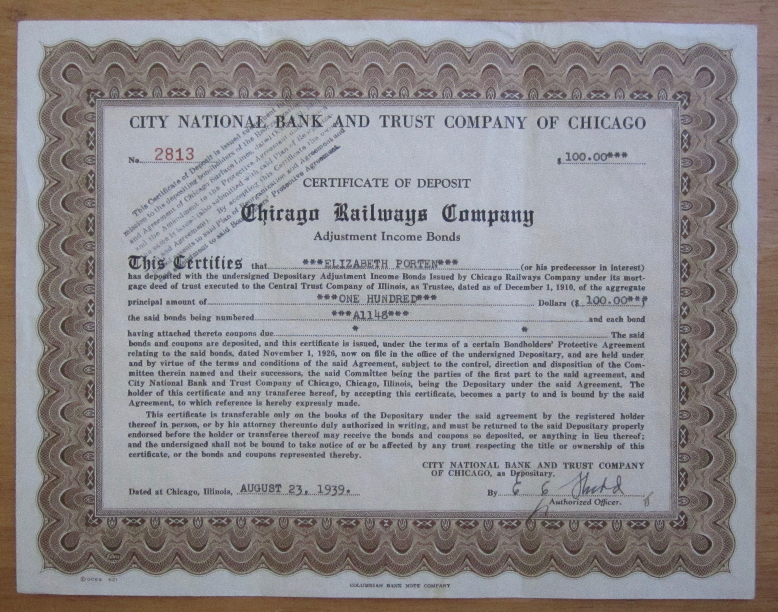 1939 Chicago Railways Company Stock Certificate