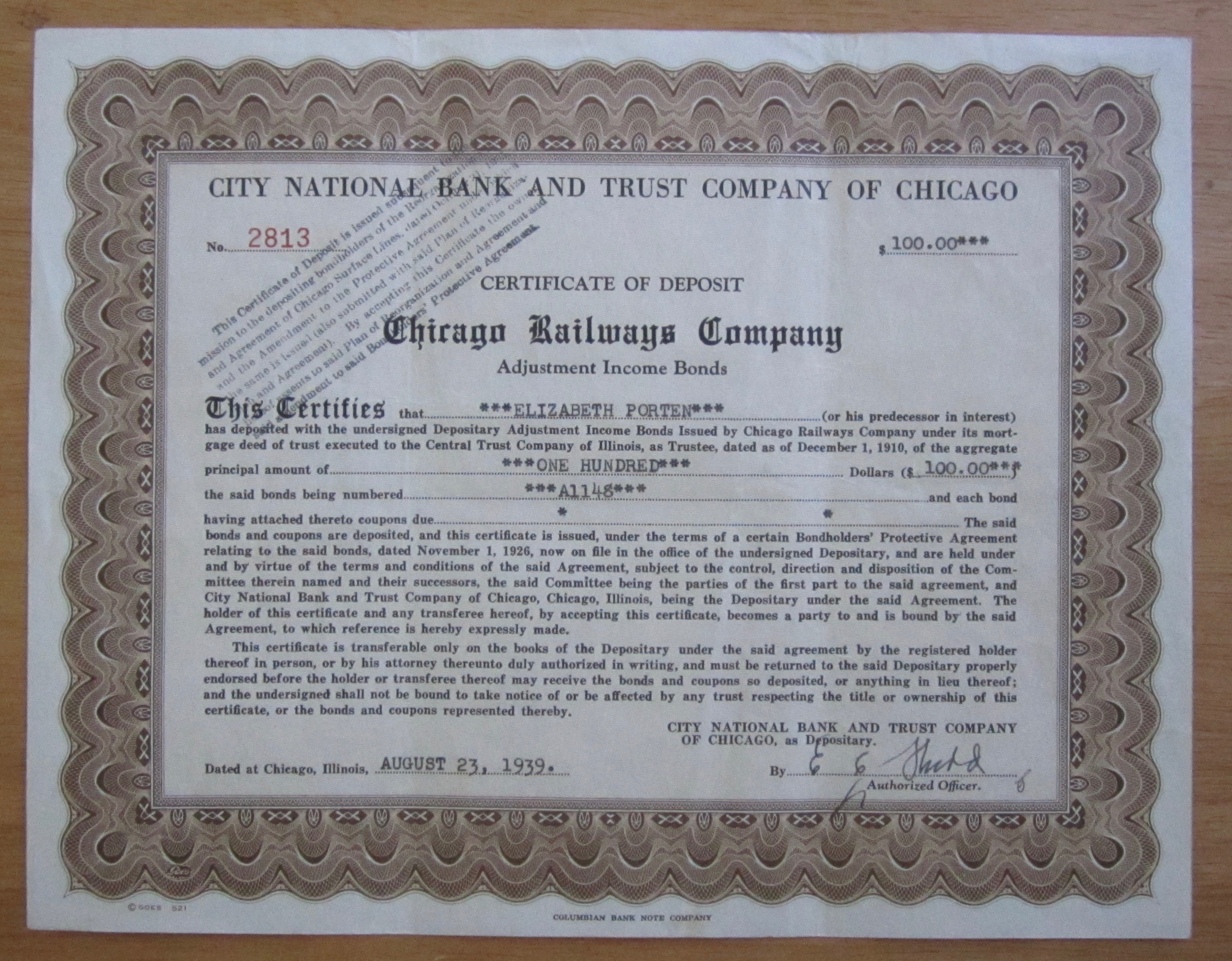 1939 Chicago Railways Company Stock Certificate