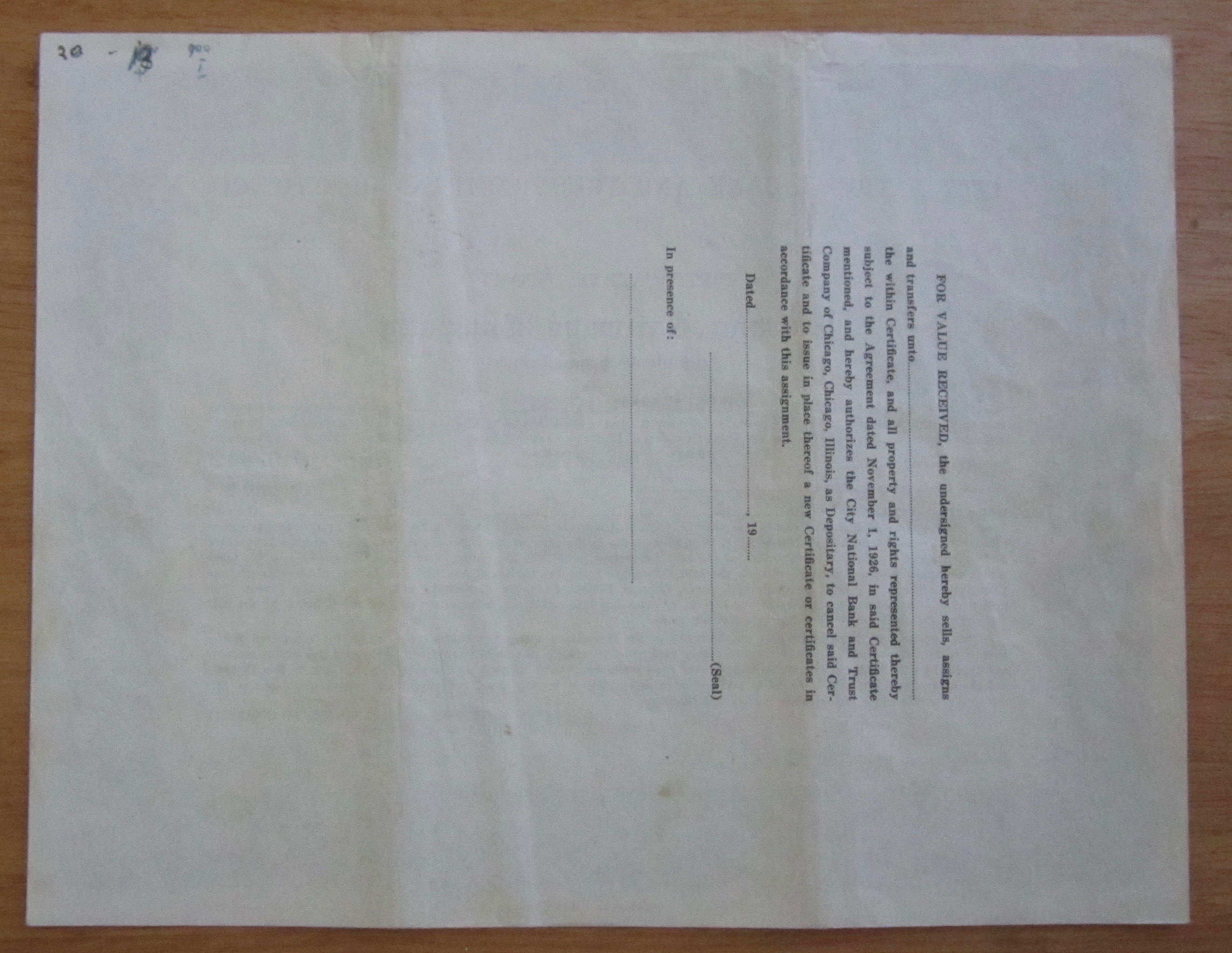 1939 Chicago Railways Company Stock Certificate