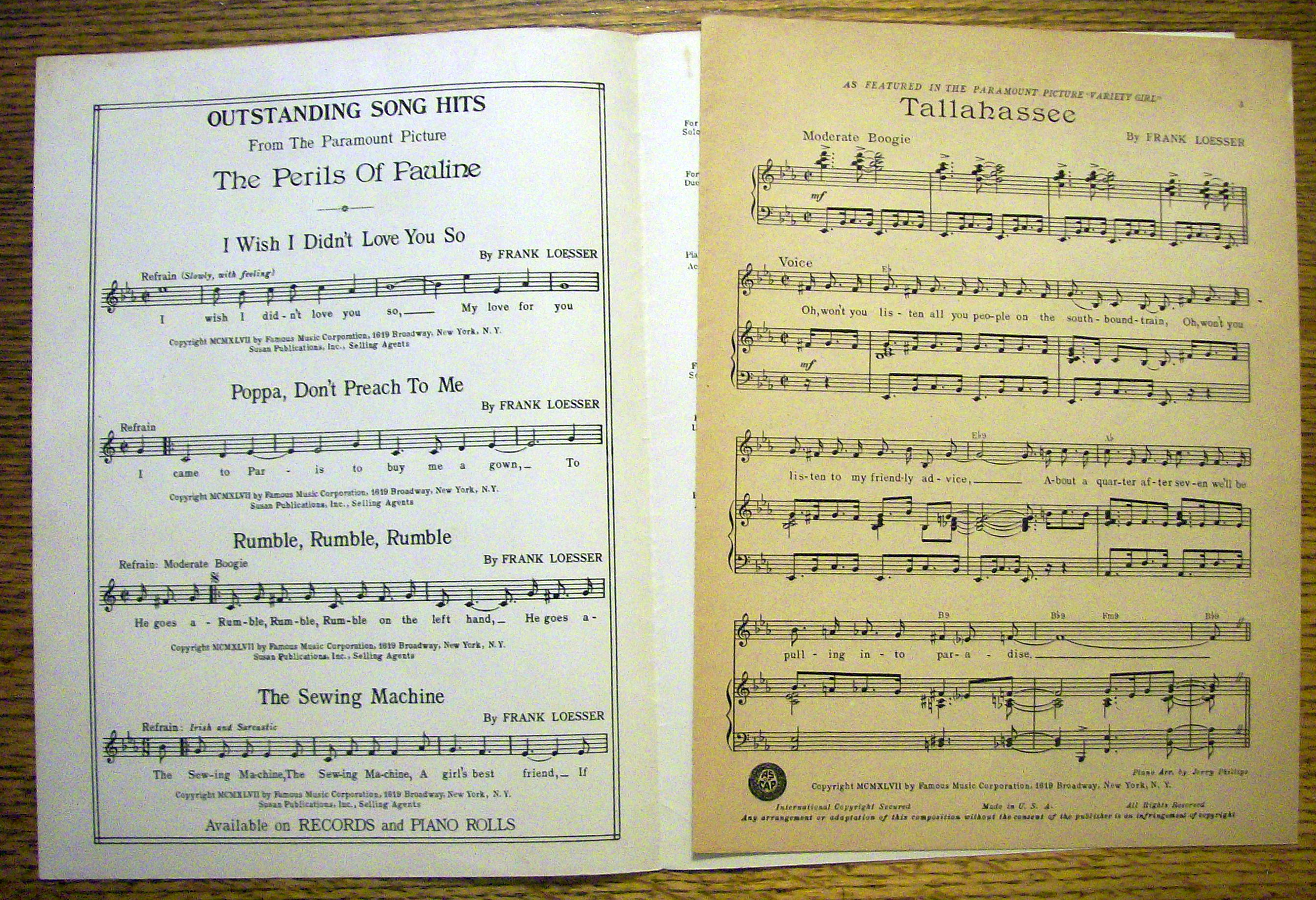 Sheet Music For 1947 Tallahassee (Variety Girl)
