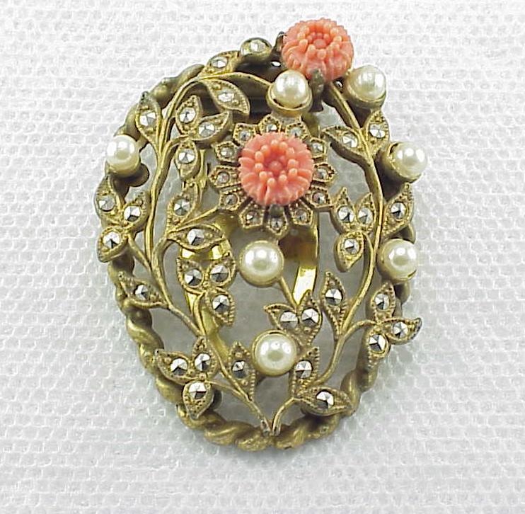 Vintage Marcasite, Faux Pearl And Coral Flowers Dress Clip