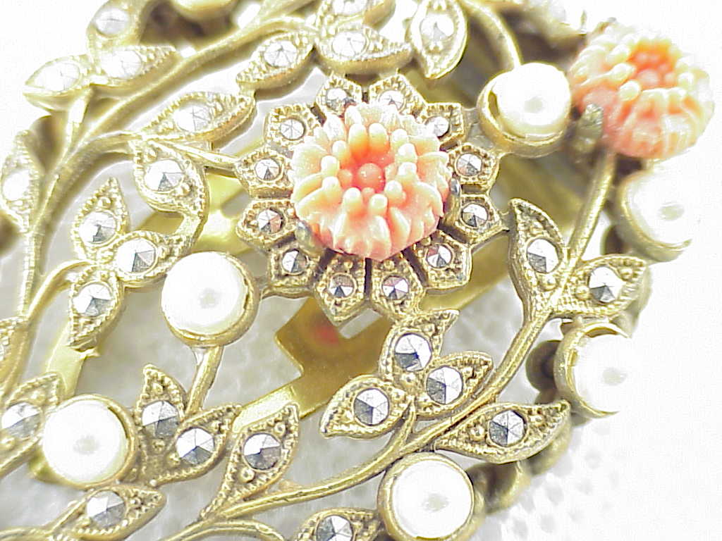 Vintage Marcasite, Faux Pearl And Coral Flowers Dress Clip