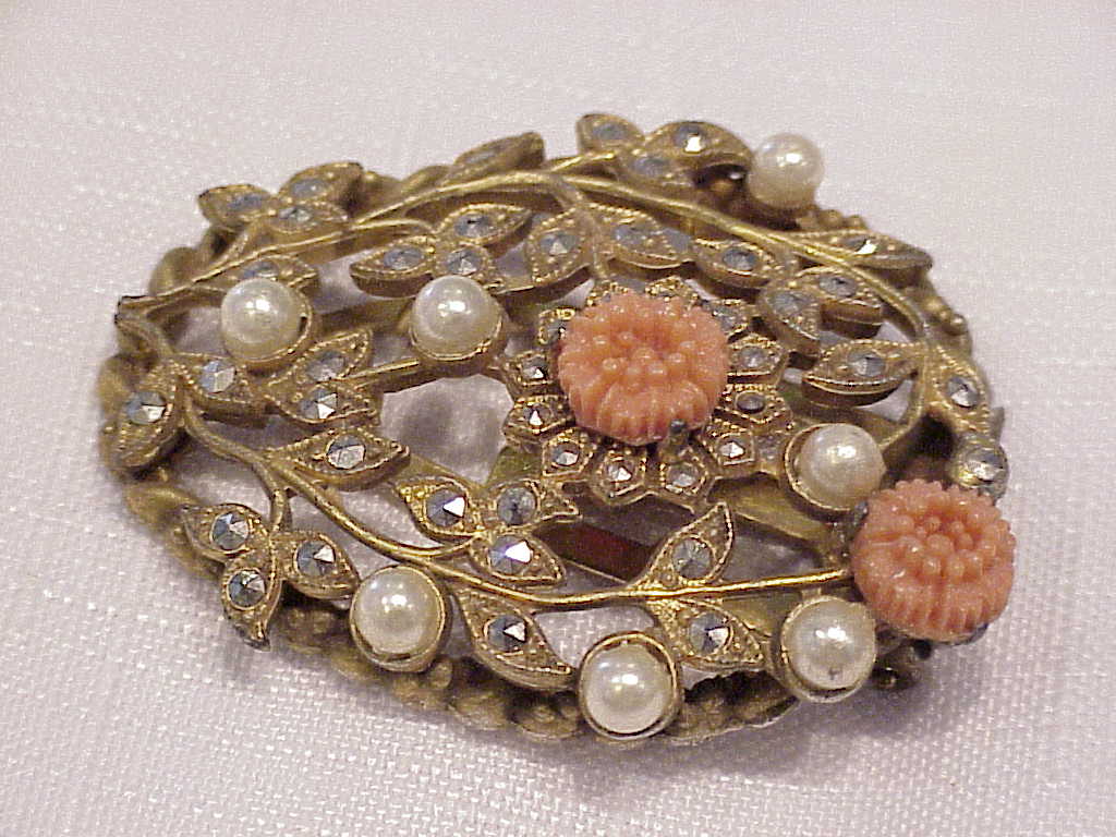 Vintage Marcasite, Faux Pearl And Coral Flowers Dress Clip